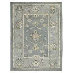 Gray & Blue Floral Design Handwoven Wool Turkish Oushak Rug 5'2" x 6'7"