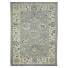 Gray & Blue Floral Design Handwoven Wool Turkish Oushak Rug 6' x 8'3"