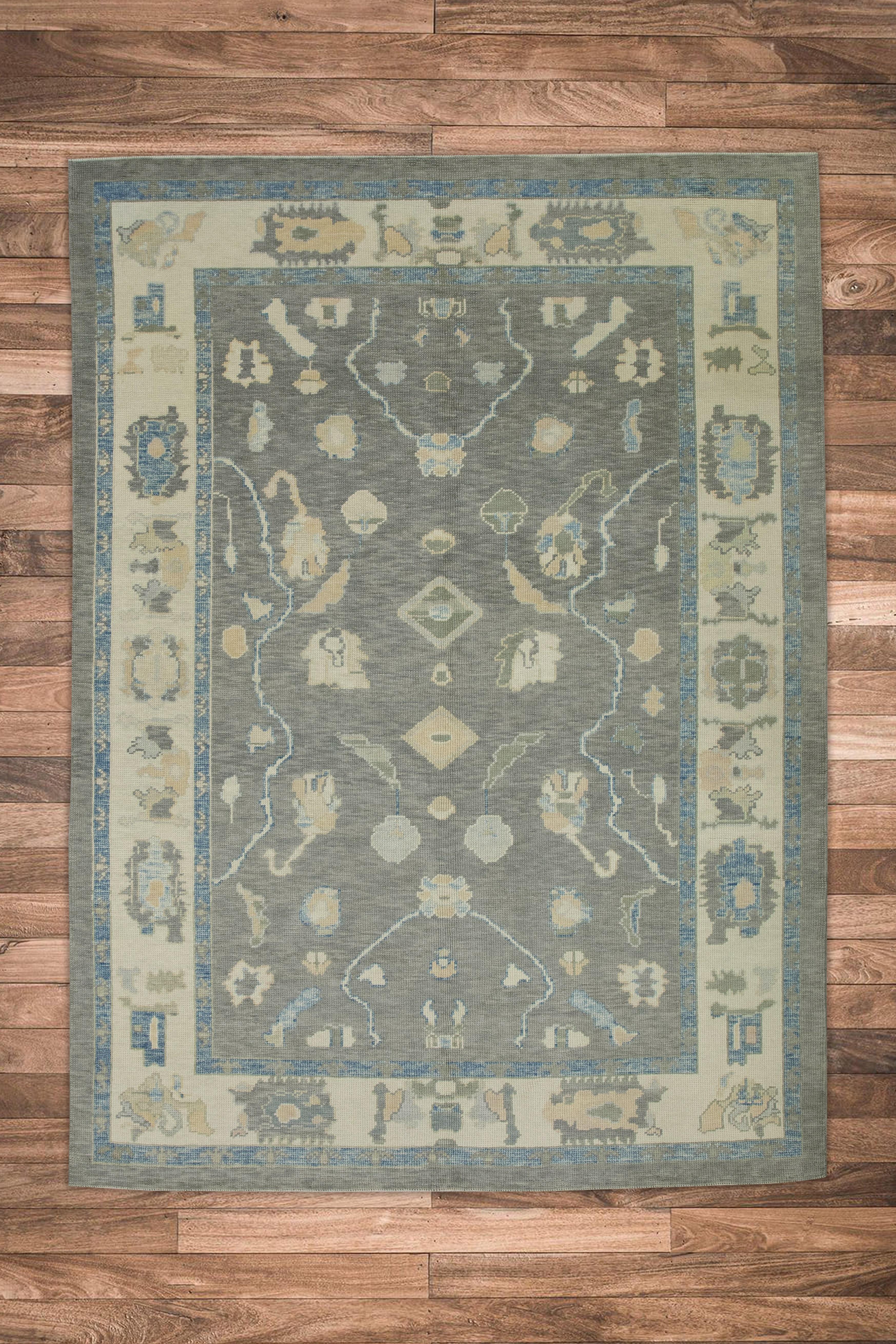 Handgewebter türkischer Oushak-Teppich aus Wolle in Grau & Blau mit Blumenmuster 6'1
