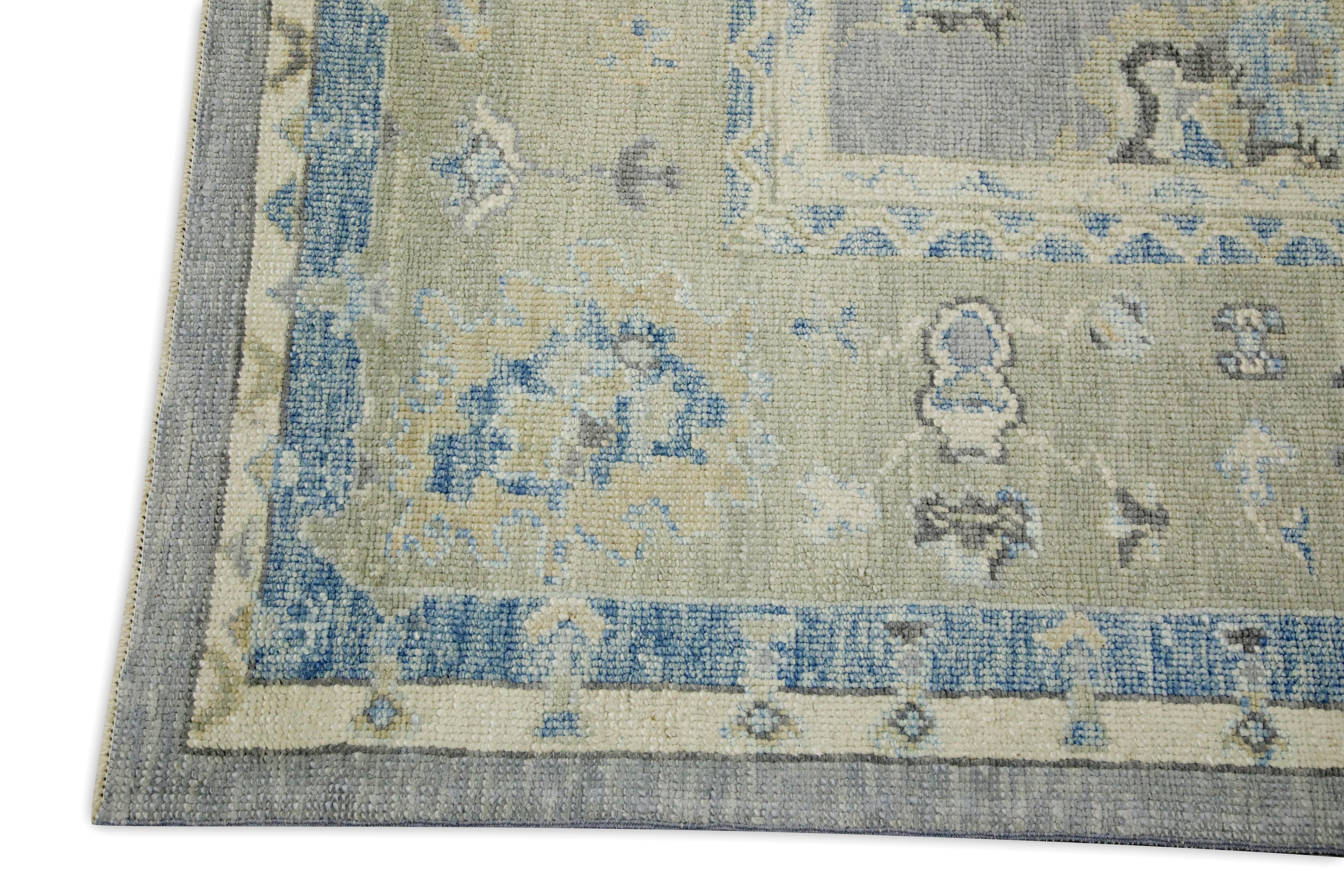 Vegetable Dyed Gray & Blue Floral Design Handwoven Wool Turkish Oushak Rug 8' x 9'6