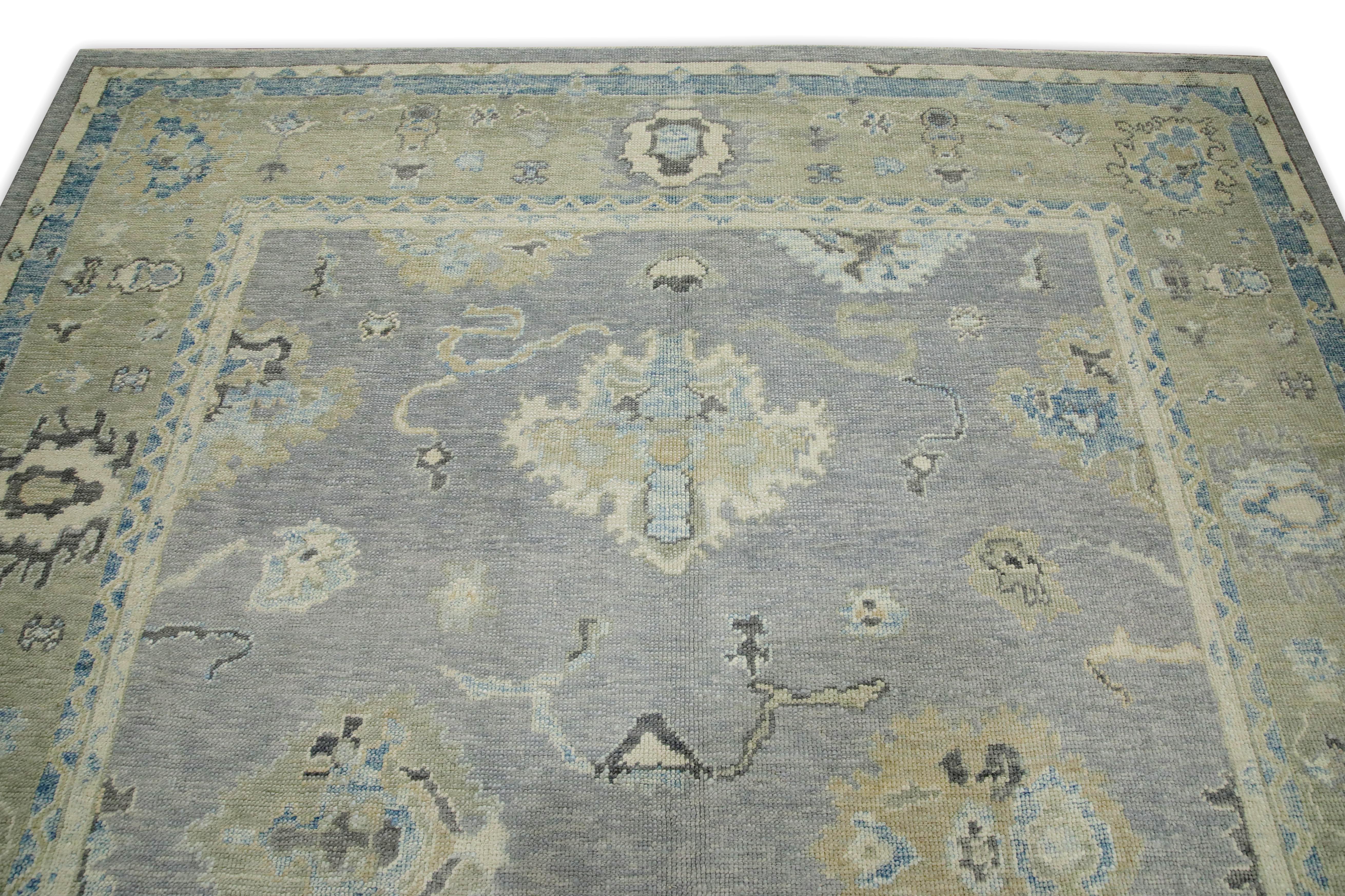 Gray & Blue Floral Design Handwoven Wool Turkish Oushak Rug 8' x 9'6
