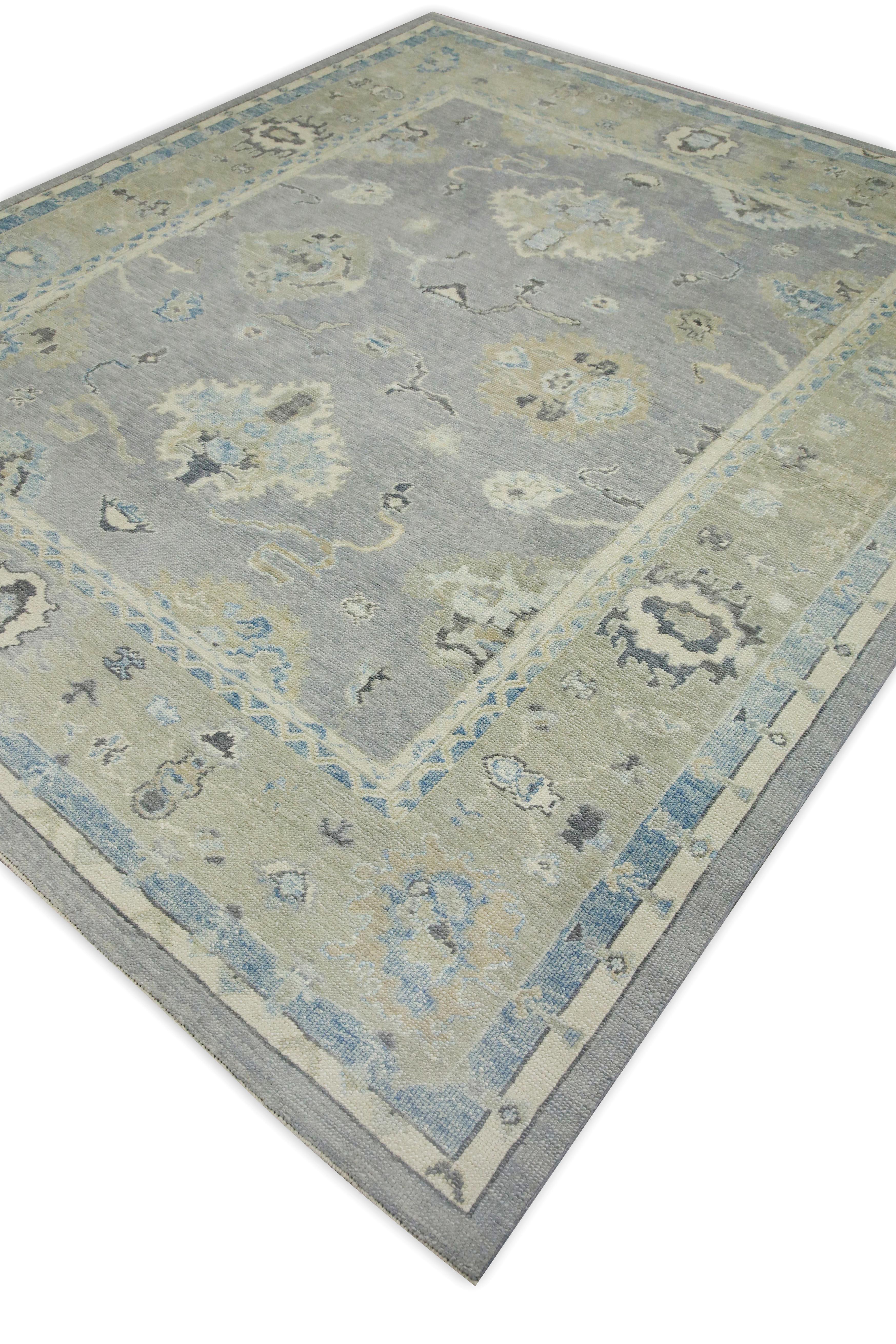 Contemporary Gray & Blue Floral Design Handwoven Wool Turkish Oushak Rug 8' x 9'6