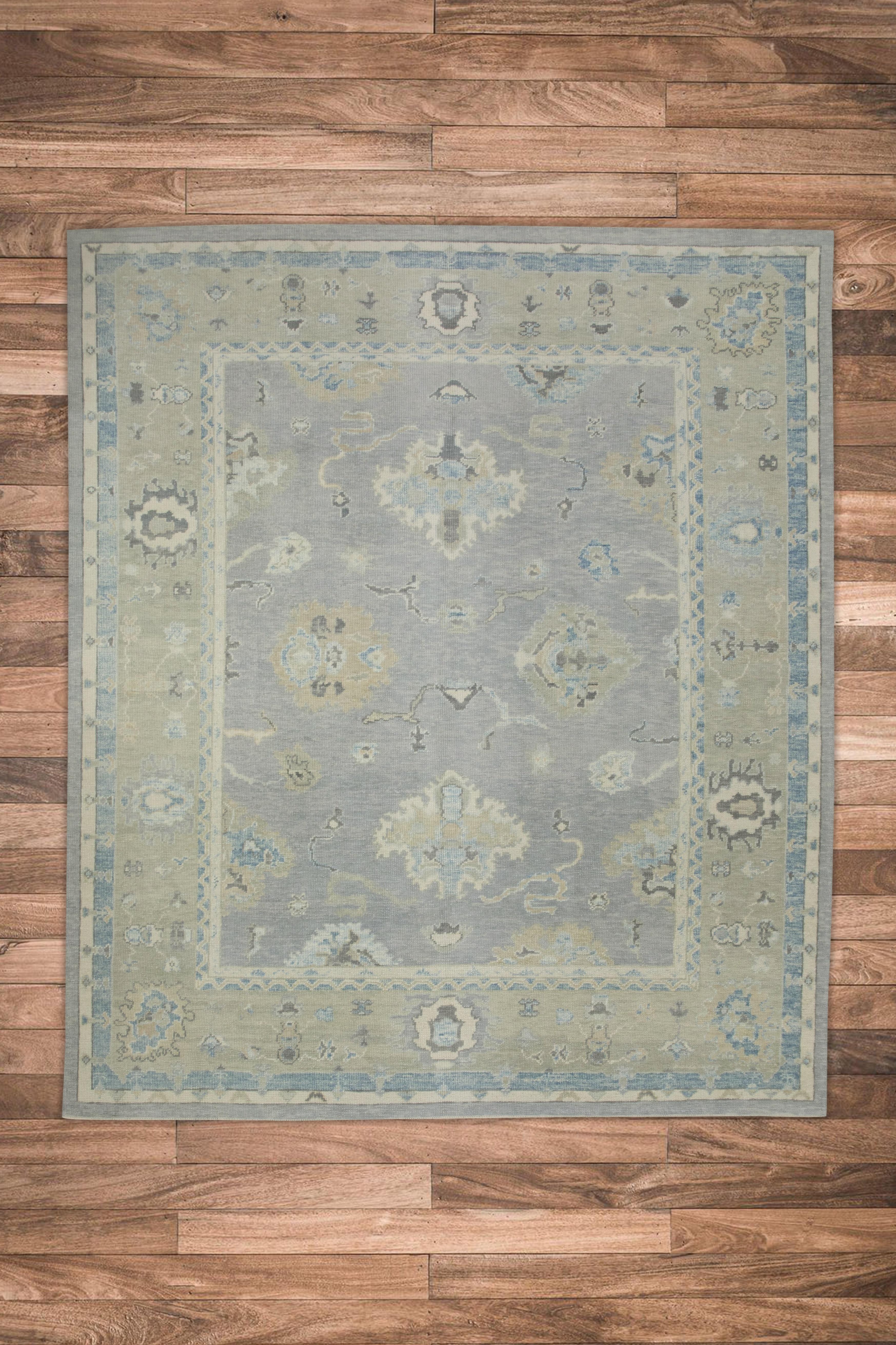 Handgewebter türkischer Oushak-Teppich aus Wolle in Grau & Blau mit Blumenmuster 8' x 9'6