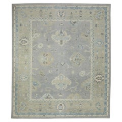 Gray & Blue Floral Design Handwoven Wool Turkish Oushak Rug 8' x 9'6"
