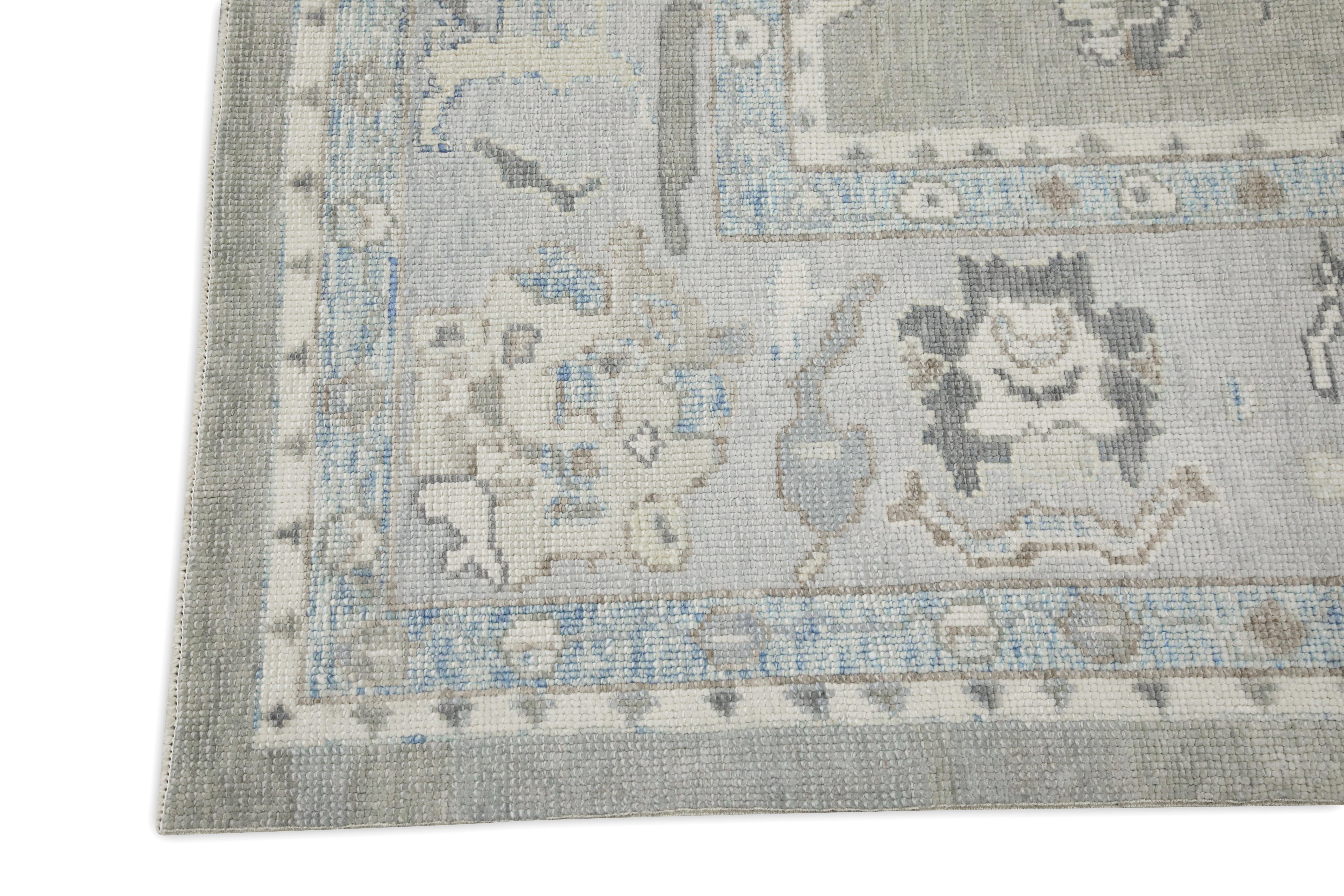 Turc Tapis turc Oushak en laine à motifs floraux gris et bleus tissé à la main 8'10