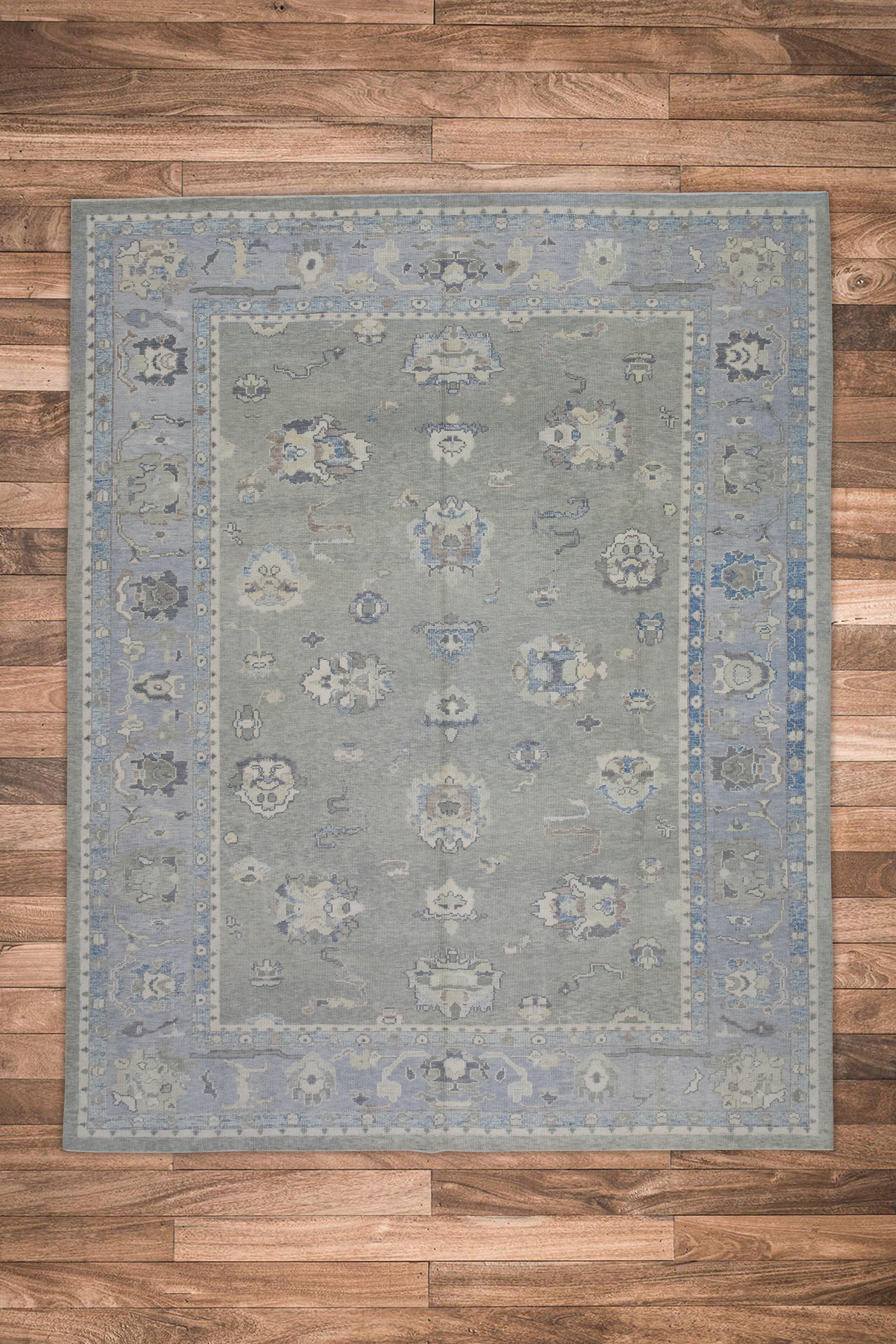 Laine Tapis turc Oushak en laine à motifs floraux gris et bleus tissé à la main 8'10