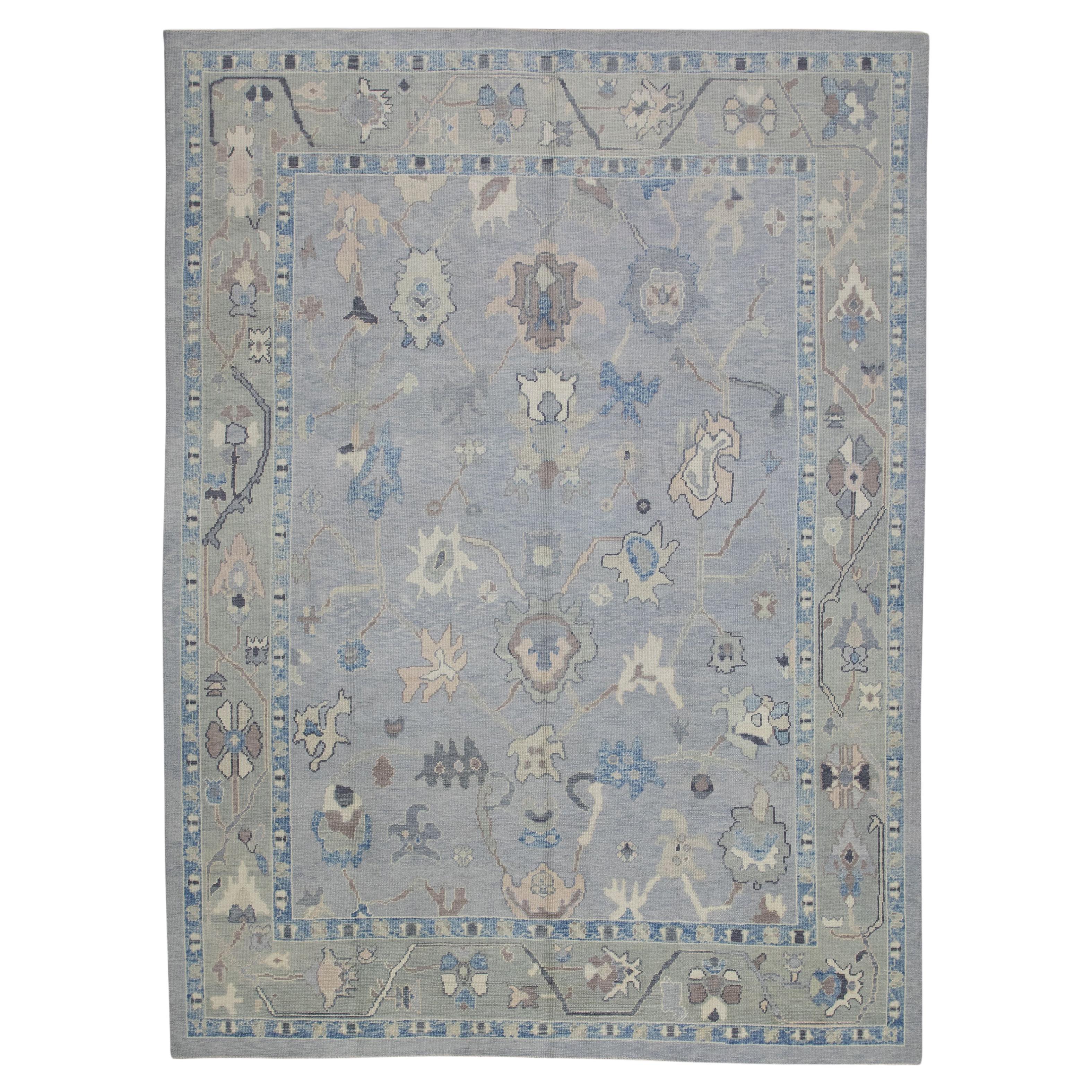Tapis turc Oushak en laine à motifs floraux gris et bleus tissé à la main 8'10" X 12'