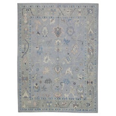 Tapis turc Oushak en laine à motifs floraux gris et bleus tissé à la main 8'10" X 12'