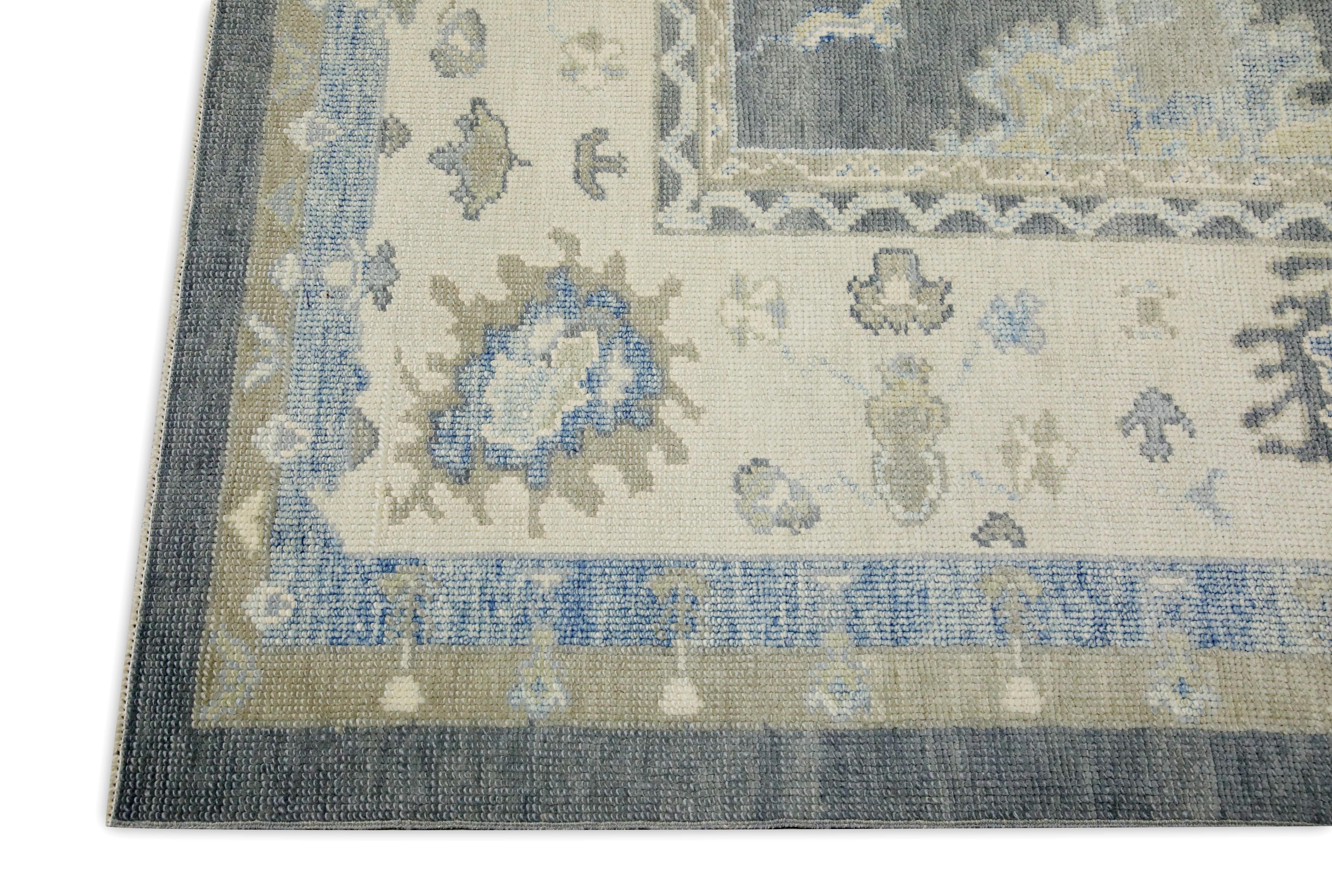 Vegetable Dyed Gray & Blue Floral Design Handwoven Wool Turkish Oushak Rug 8'3