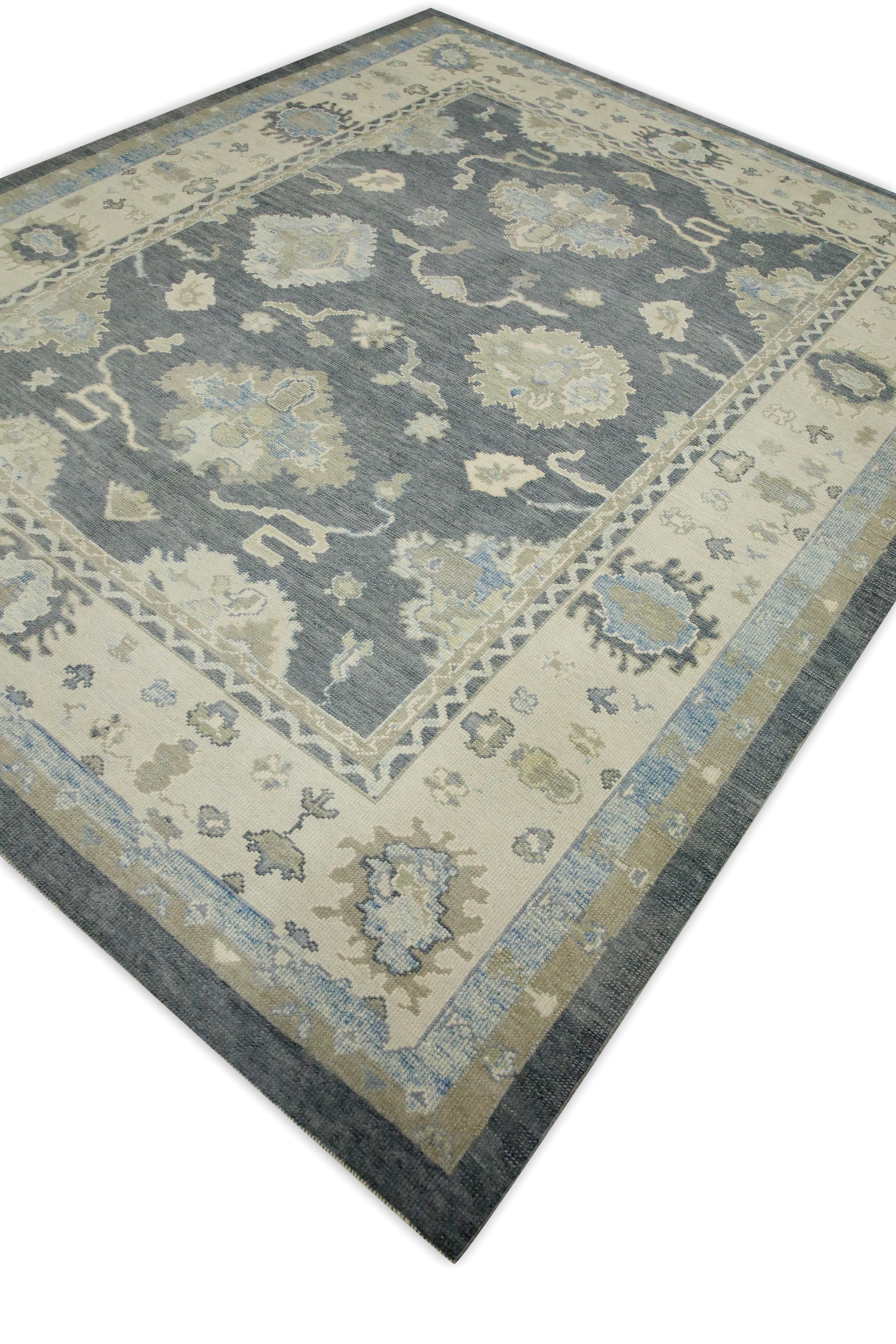 Contemporary Gray & Blue Floral Design Handwoven Wool Turkish Oushak Rug 8'3