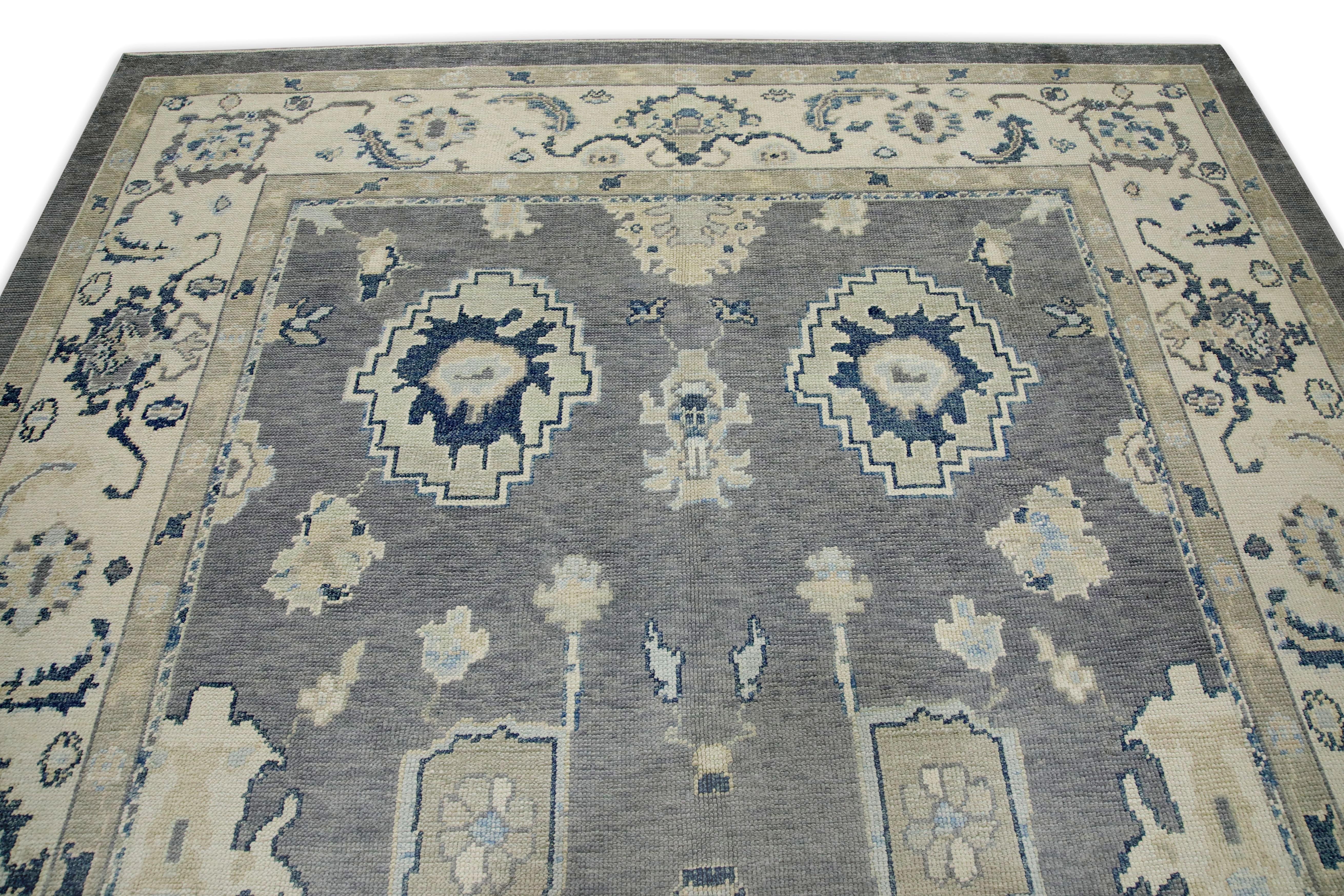 Gray & Blue Floral Design Handwoven Wool Turkish Oushak Rug 8'3