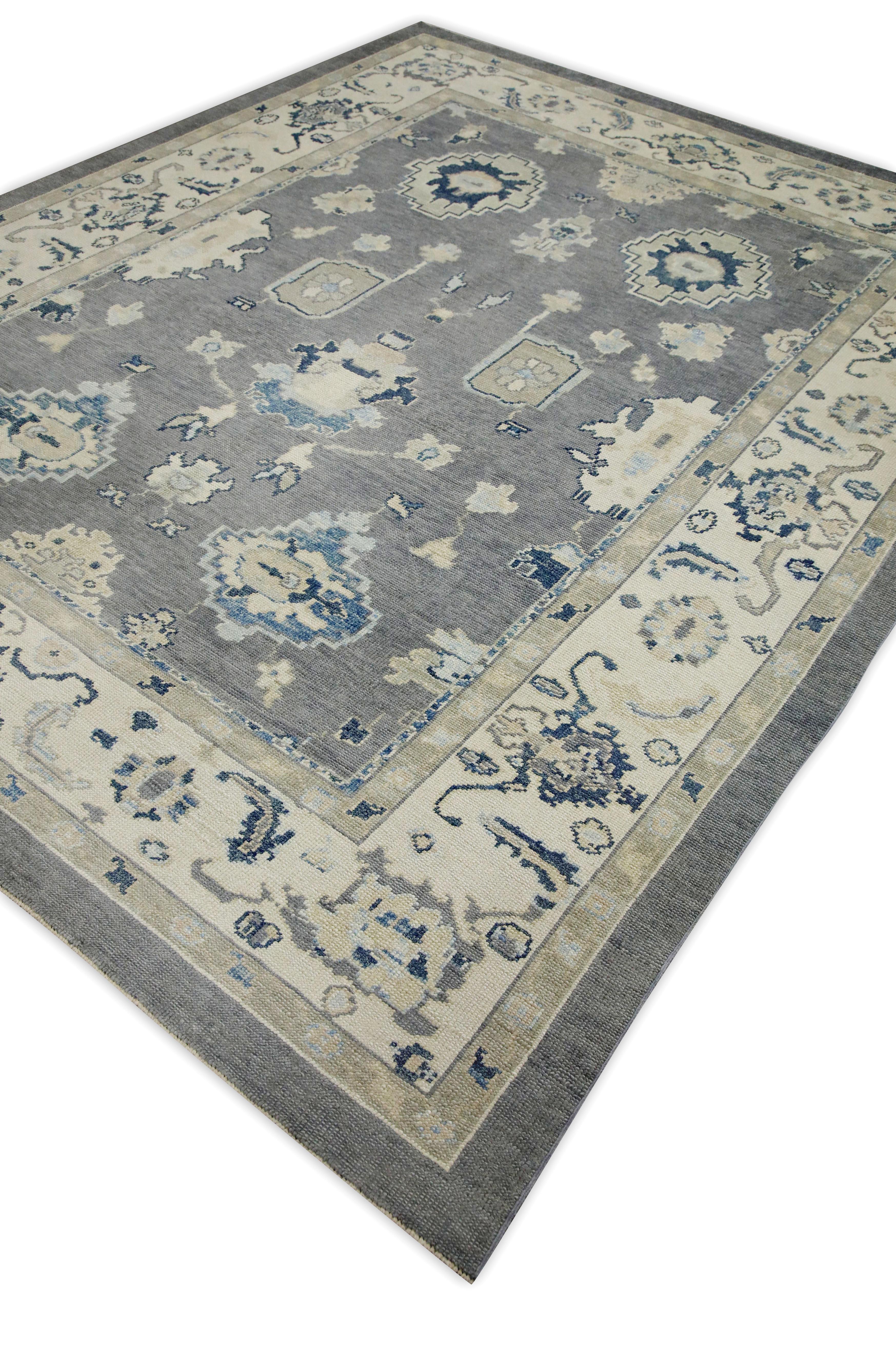 Contemporary Gray & Blue Floral Design Handwoven Wool Turkish Oushak Rug 8'3
