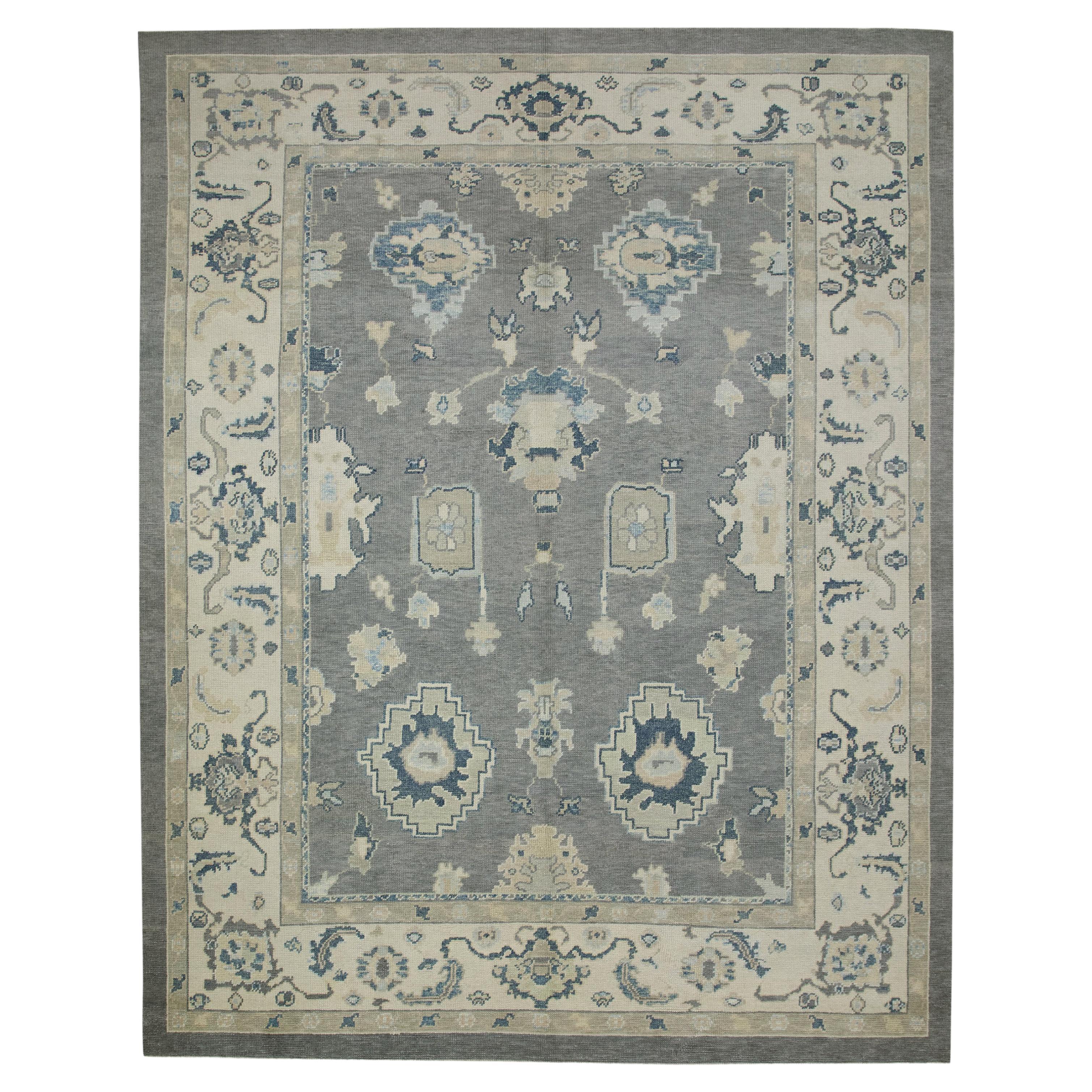 Handgewebter türkischer Oushak-Teppich aus Wolle in Grau & Blau mit Blumenmuster 8'3" x 10'6"