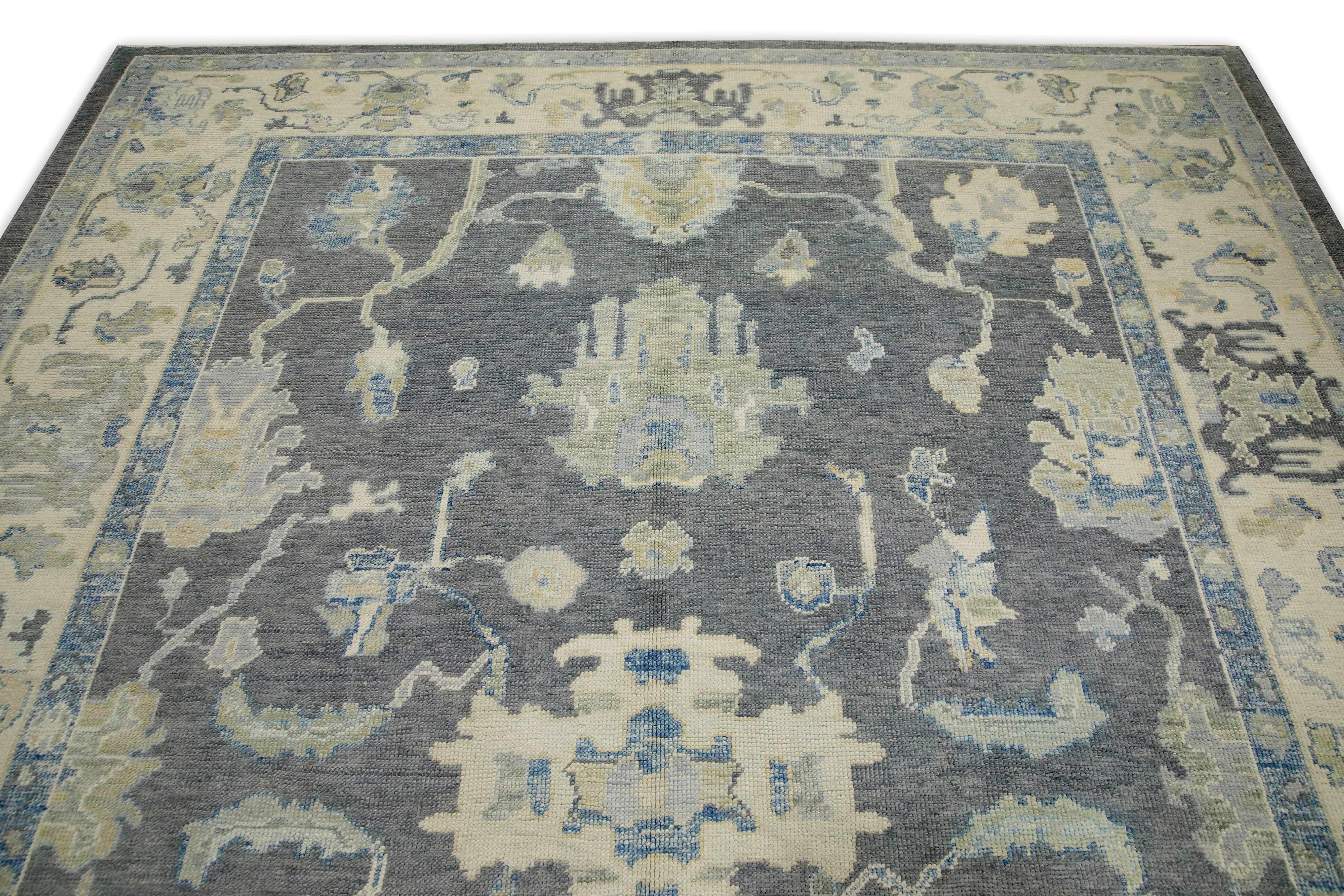 Gray & Blue Floral Design Handwoven Wool Turkish Oushak Rug 8'4