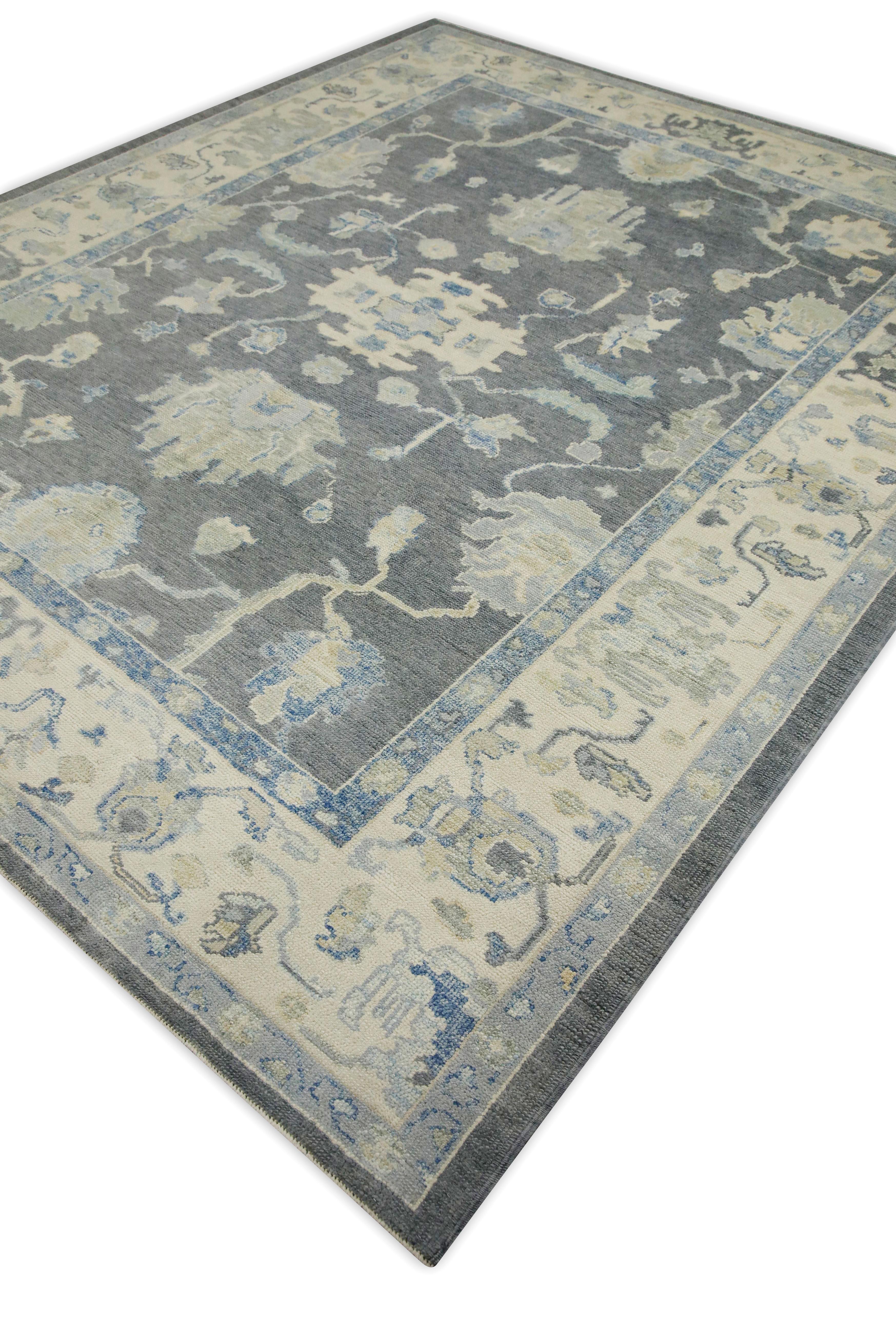 Contemporary Gray & Blue Floral Design Handwoven Wool Turkish Oushak Rug 8'4