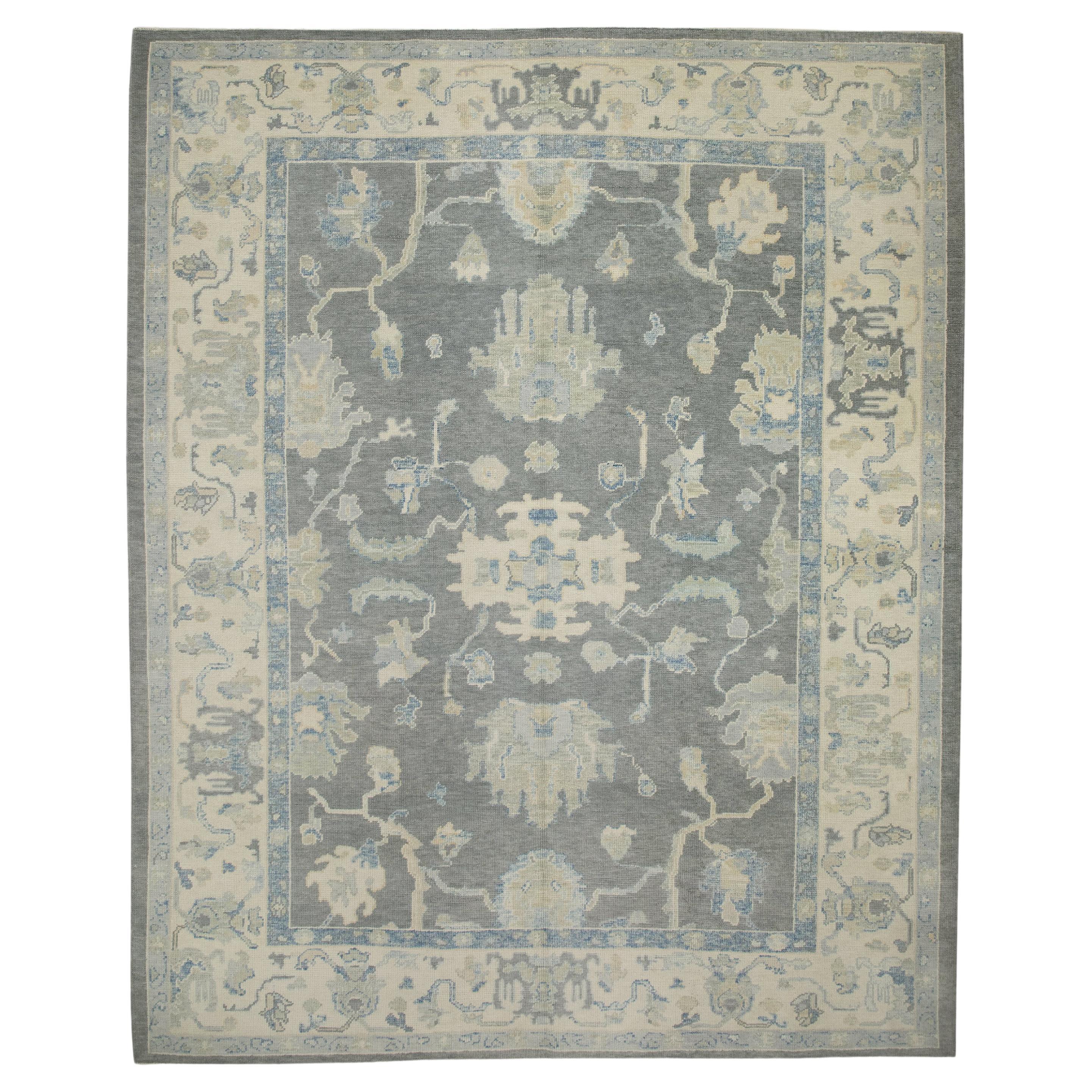 Gray & Blue Floral Design Handwoven Wool Turkish Oushak Rug 8'4" x 10'1"