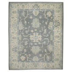 Gray & Blue Floral Design Handwoven Wool Turkish Oushak Rug 8'4" x 10'1"
