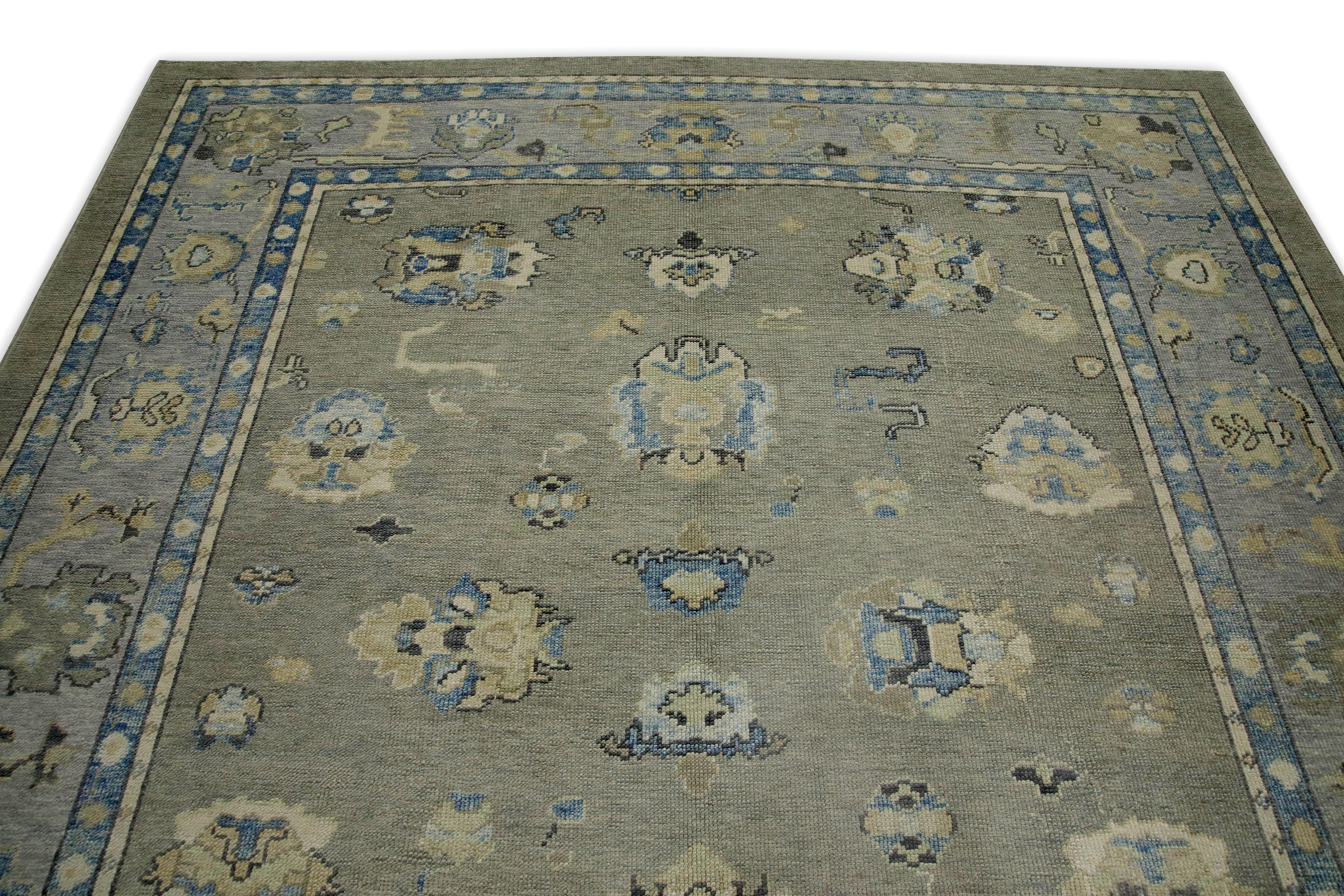 Gray & Blue Floral Design Handwoven Wool Turkish Oushak Rug 8'5