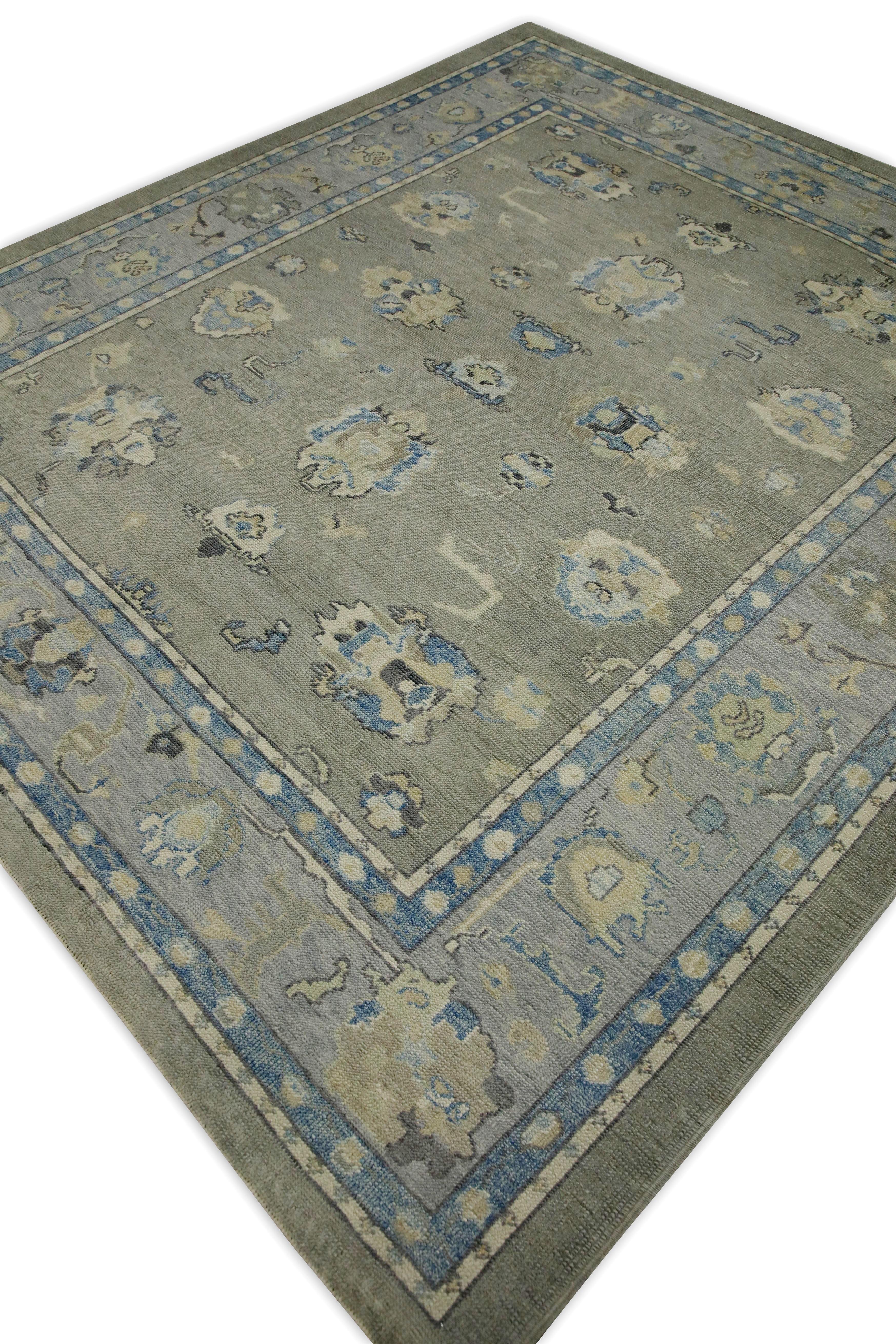Contemporary Gray & Blue Floral Design Handwoven Wool Turkish Oushak Rug 8'5