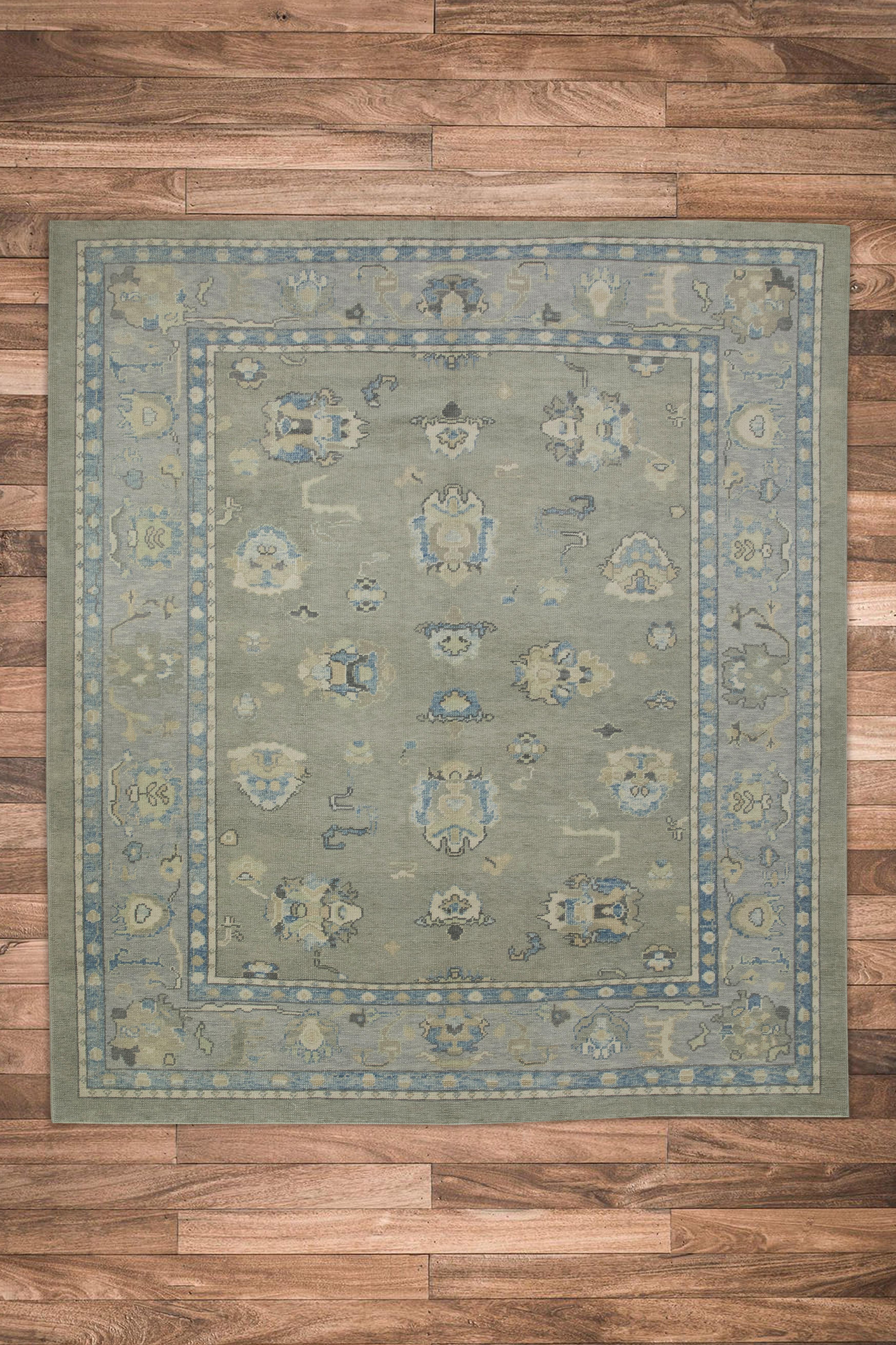 Gray & Blue Floral Design Handwoven Wool Turkish Oushak Rug 8'5