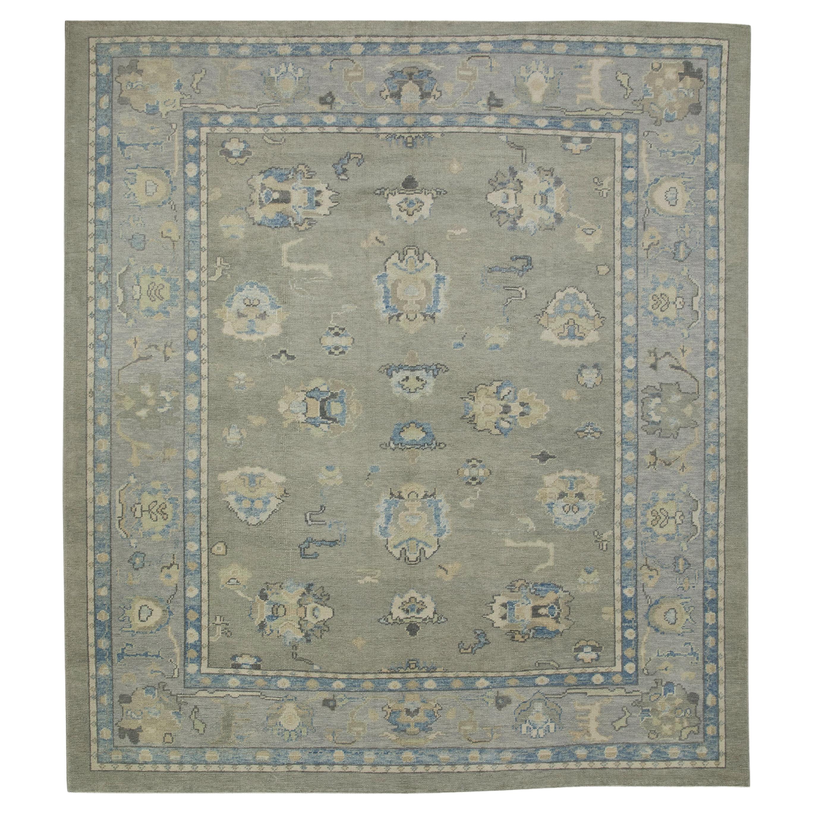 Gray & Blue Floral Design Handwoven Wool Turkish Oushak Rug 8'5" x 9'6" For Sale