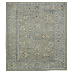 Gray & Blue Floral Design Handwoven Wool Turkish Oushak Rug 8'5" x 9'6"