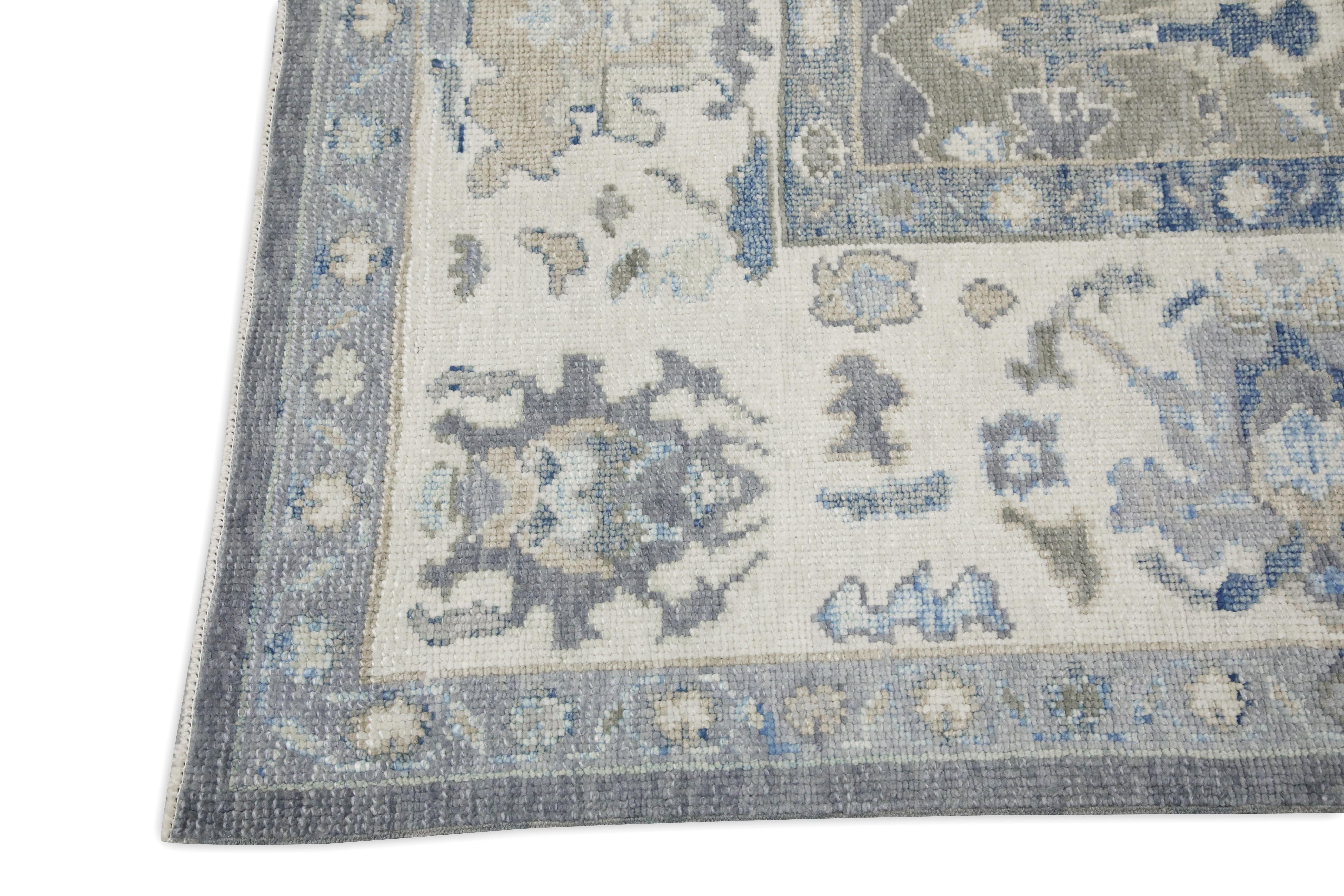 Turc Tapis turc Oushak en laine à motifs floraux gris et bleus tissé à la main 8'9