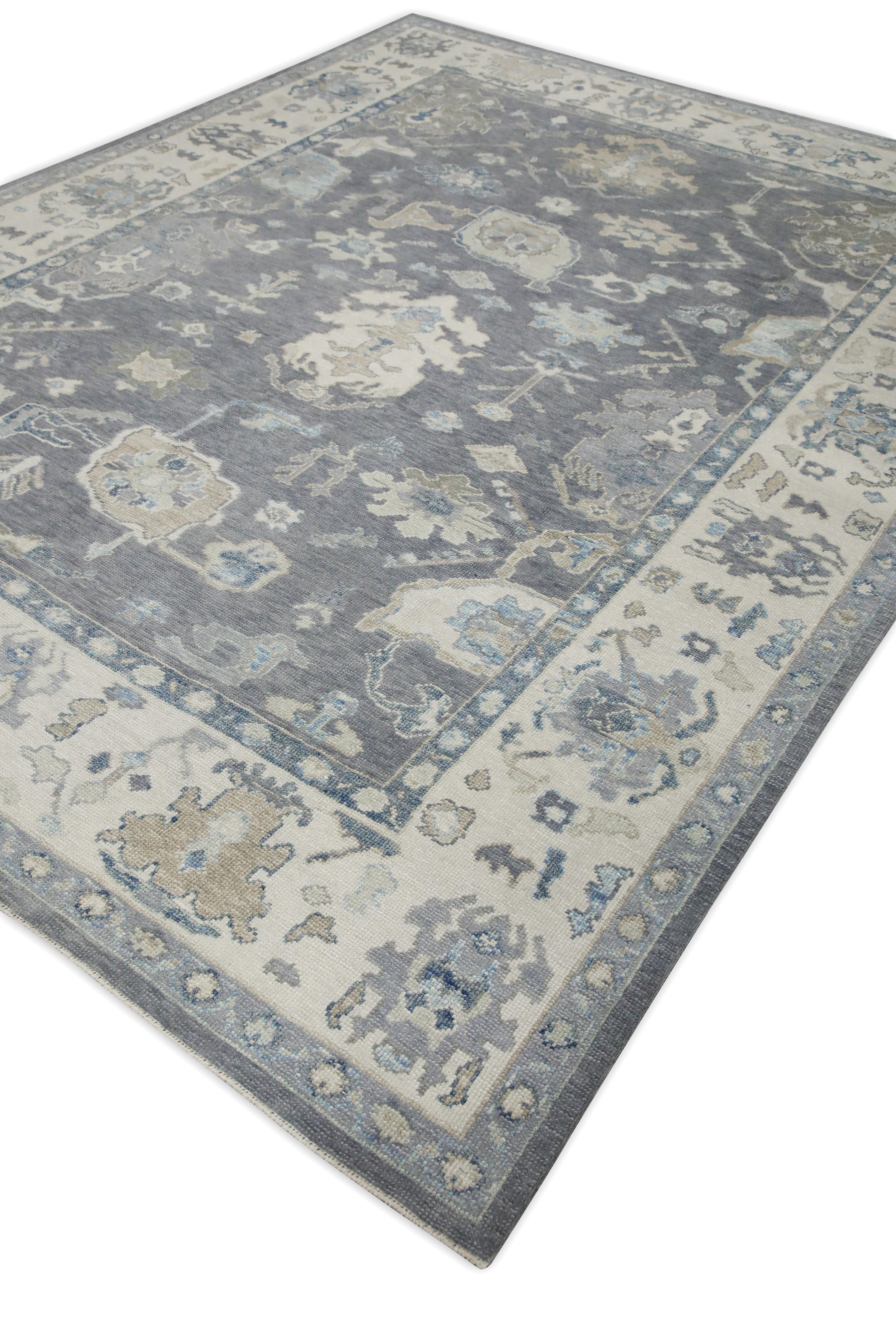 Contemporary Gray & Blue Floral Design Handwoven Wool Turkish Oushak Rug 8'9