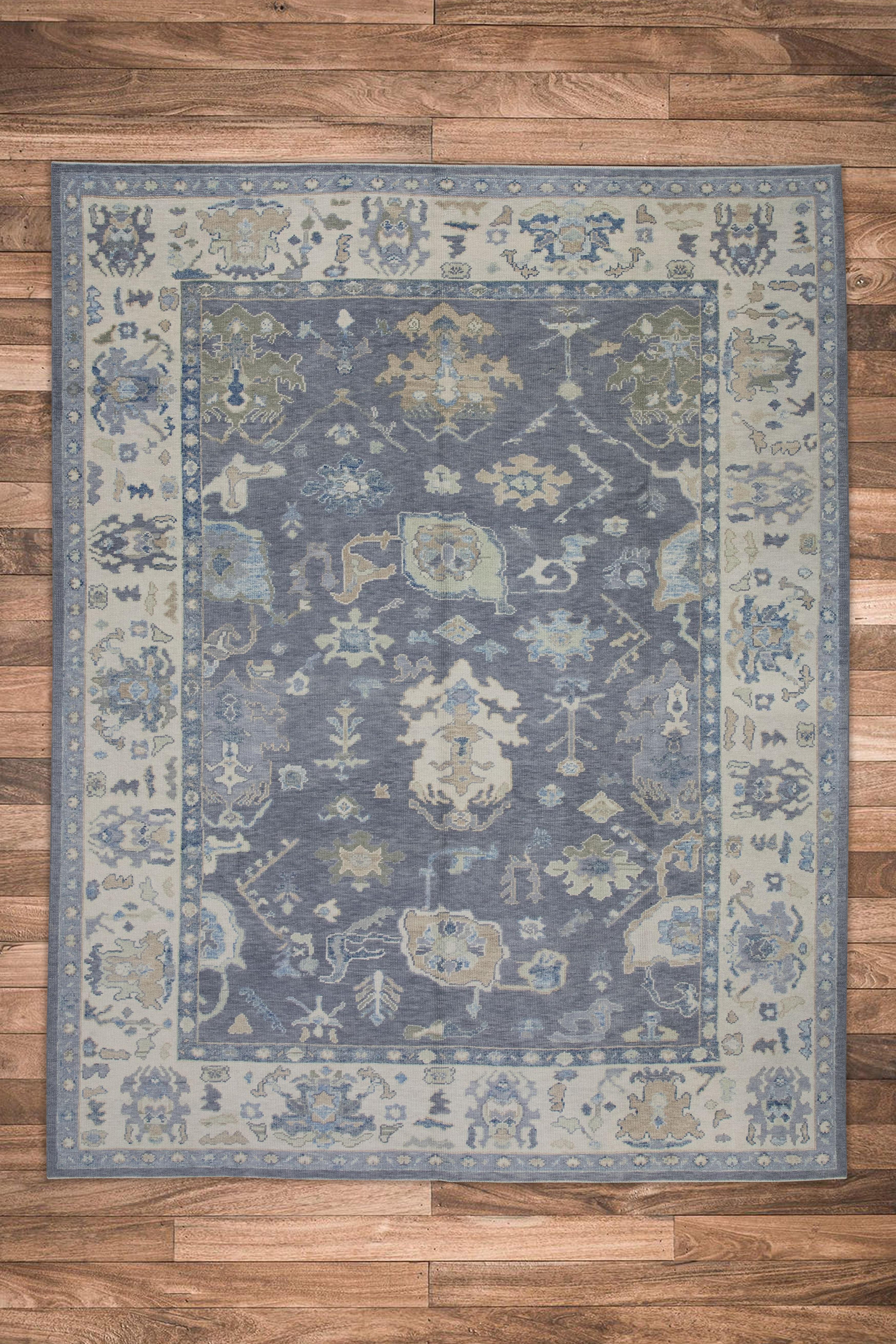 Laine Tapis turc Oushak en laine à motifs floraux gris et bleus tissé à la main 8'9