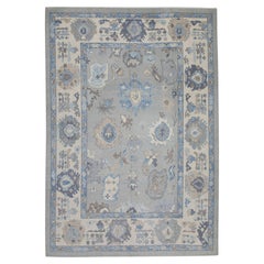 Handgewebter türkischer Oushak-Teppich aus Wolle in Grau & Blau mit Blumenmuster 8'9" X 12'4"