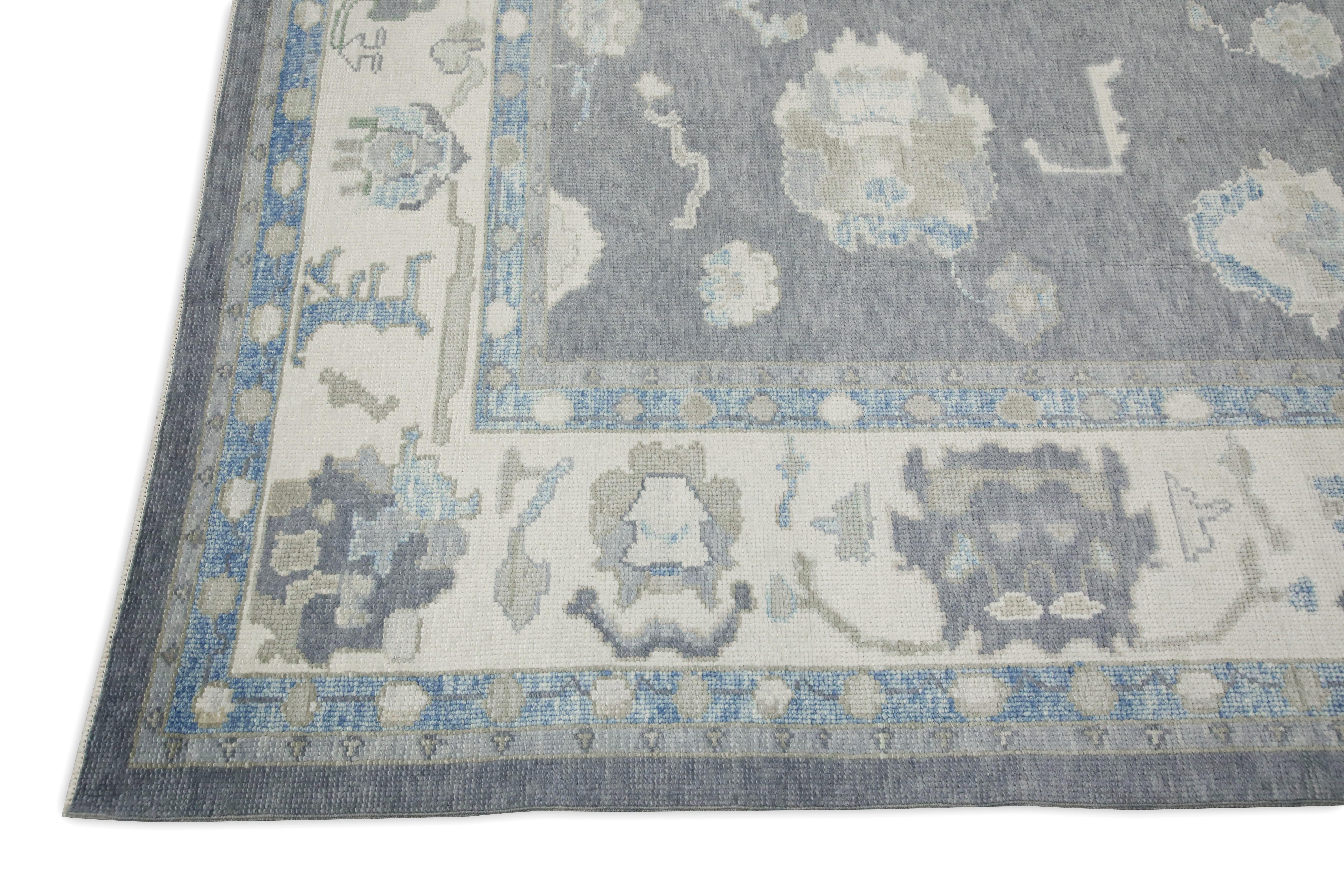 Handgewebter türkischer Oushak-Teppich aus Wolle in Grau & Blau mit Blumenmuster 9' X 11'10