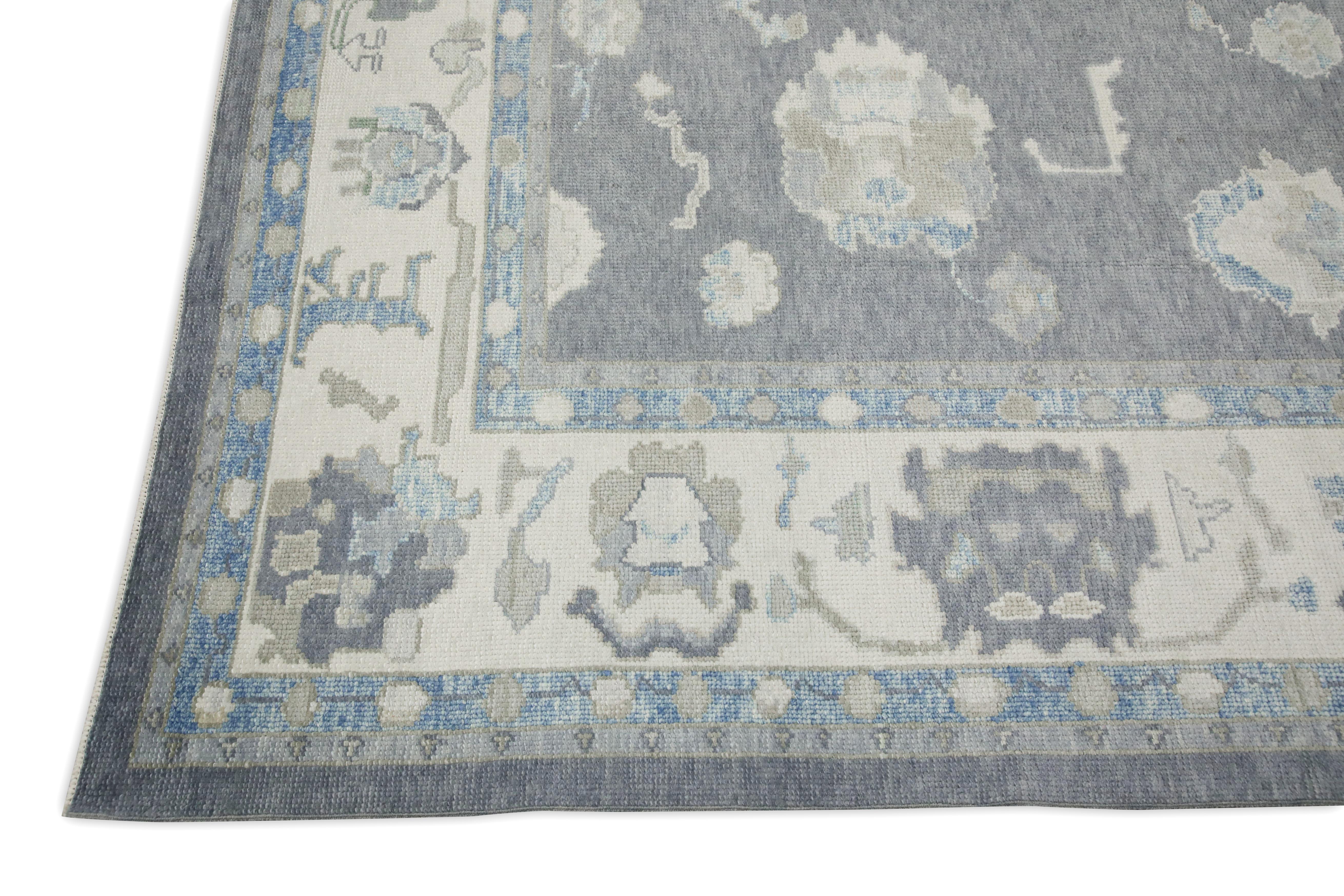 Vegetable Dyed Gray & Blue Floral Design Handwoven Wool Turkish Oushak Rug 9' X 11'10