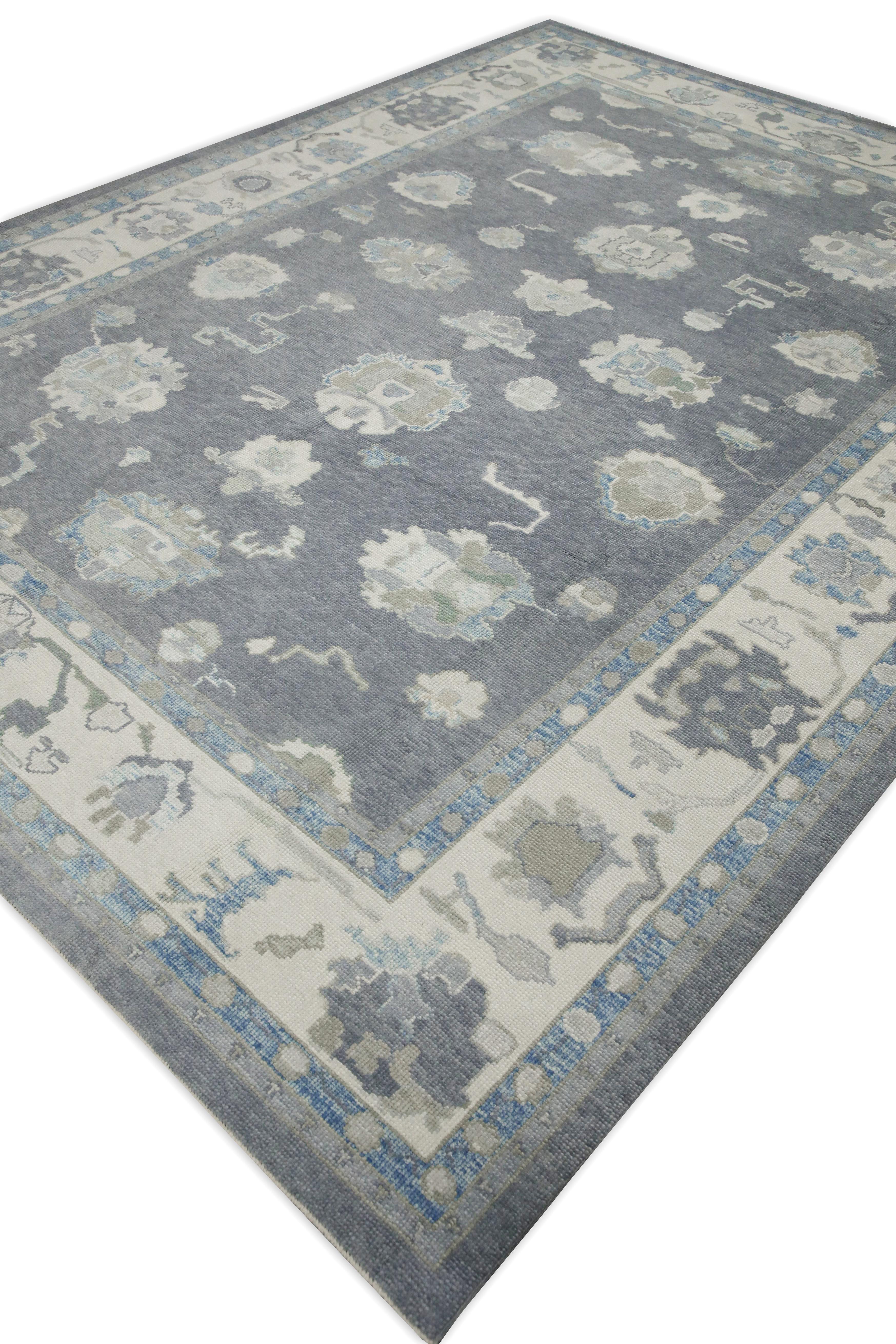 Handgewebter türkischer Oushak-Teppich aus Wolle in Grau & Blau mit Blumenmuster 9' X 11'10