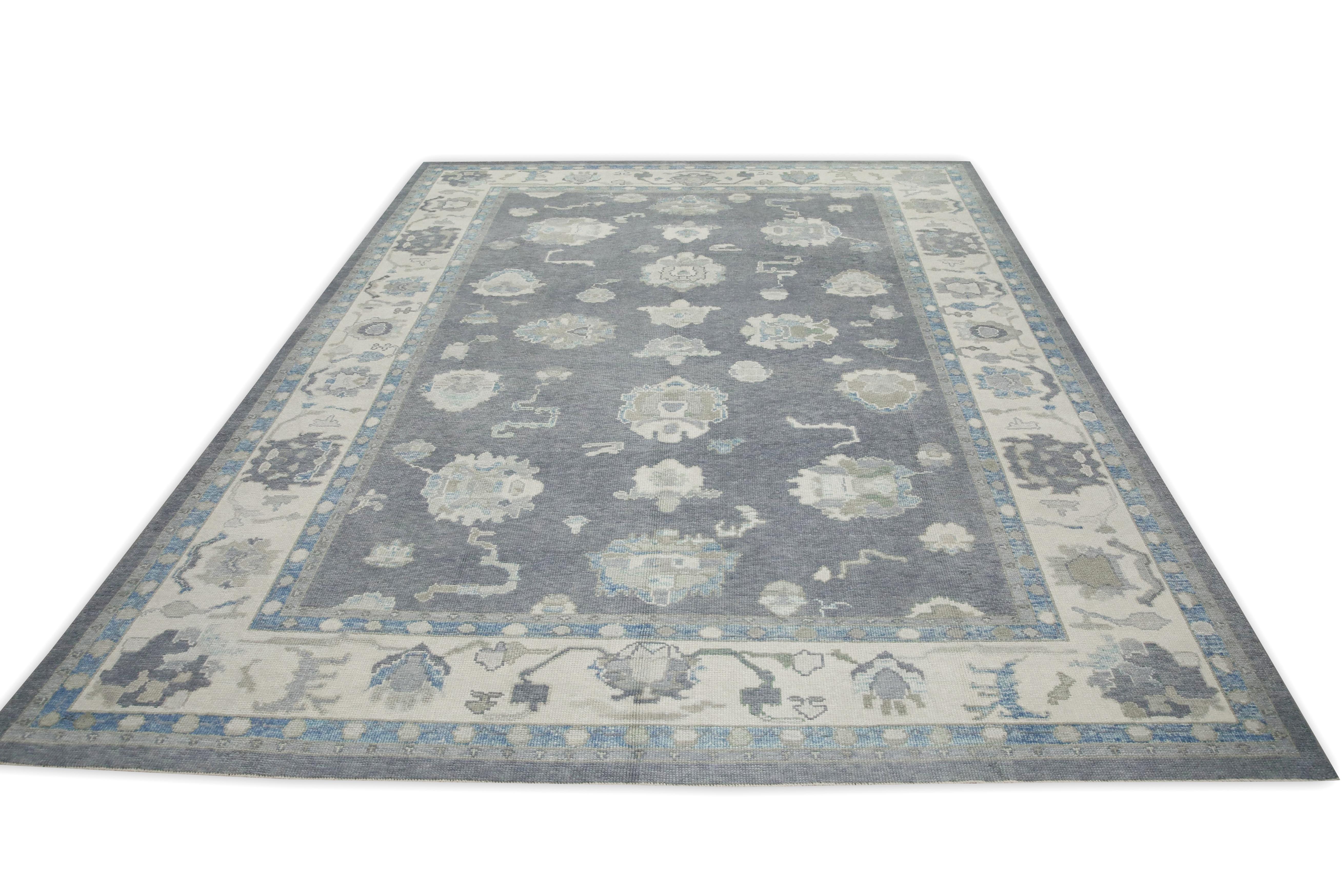 Handgewebter türkischer Oushak-Teppich aus Wolle in Grau & Blau mit Blumenmuster 9' X 11'10