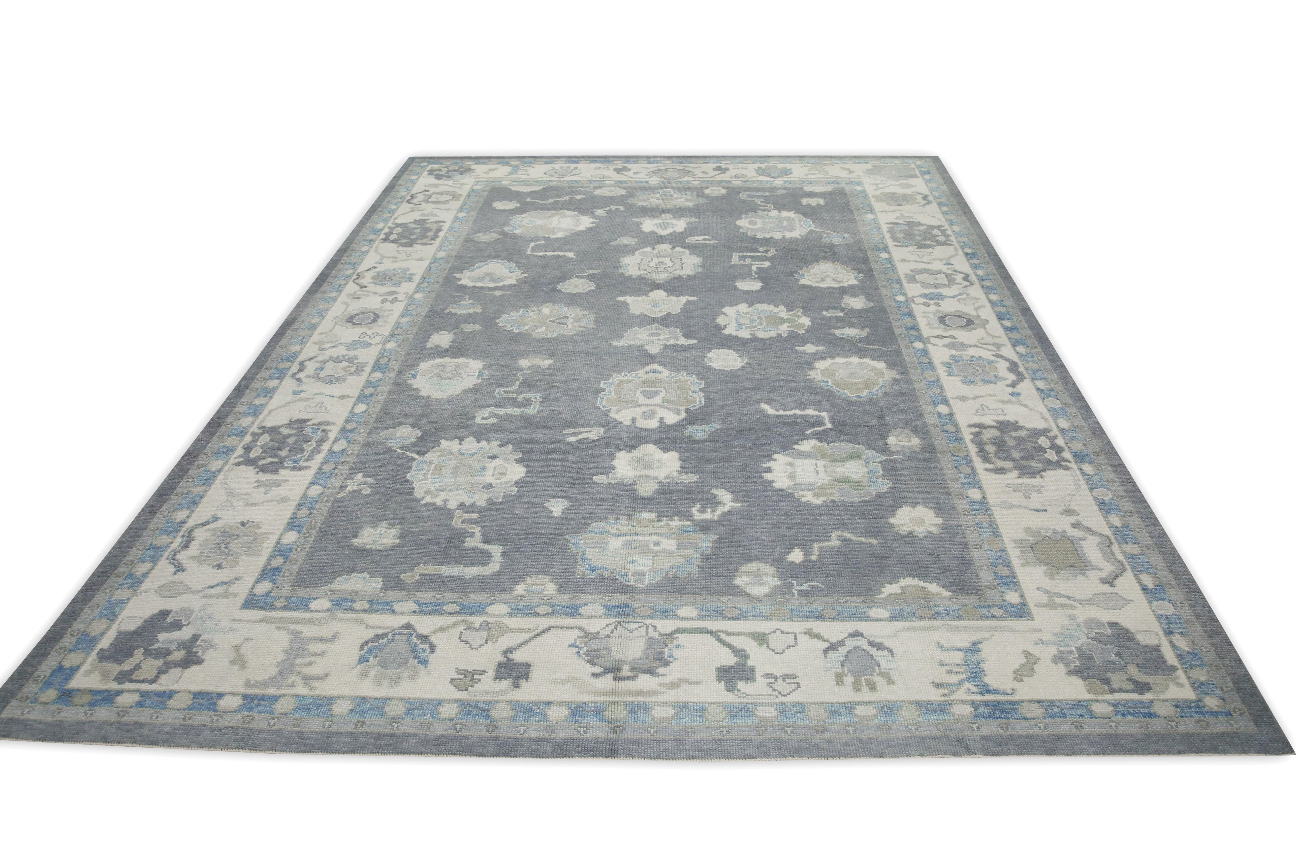 Gray & Blue Floral Design Handwoven Wool Turkish Oushak Rug 9' X 11'10