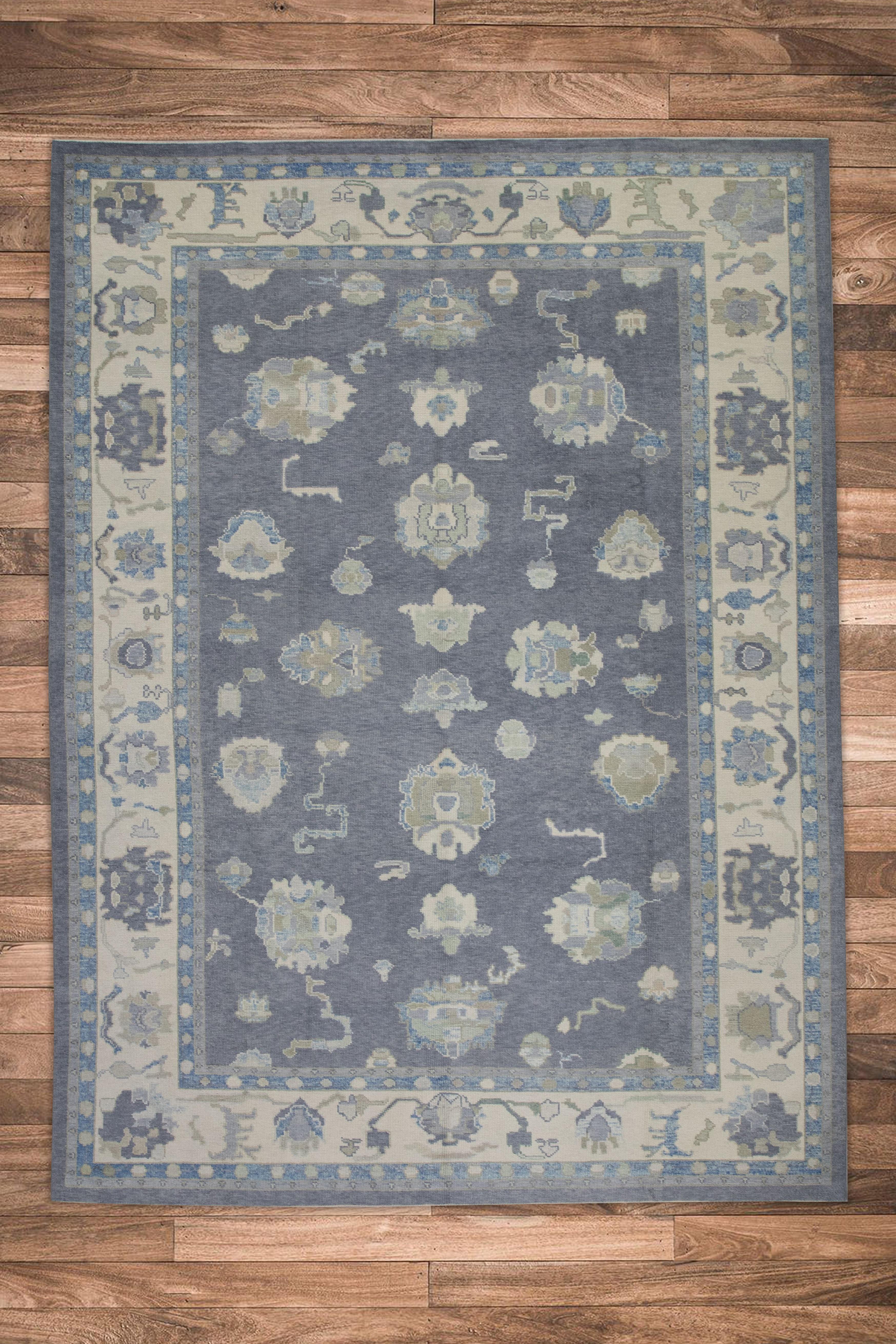 Gray & Blue Floral Design Handwoven Wool Turkish Oushak Rug 9' X 11'10