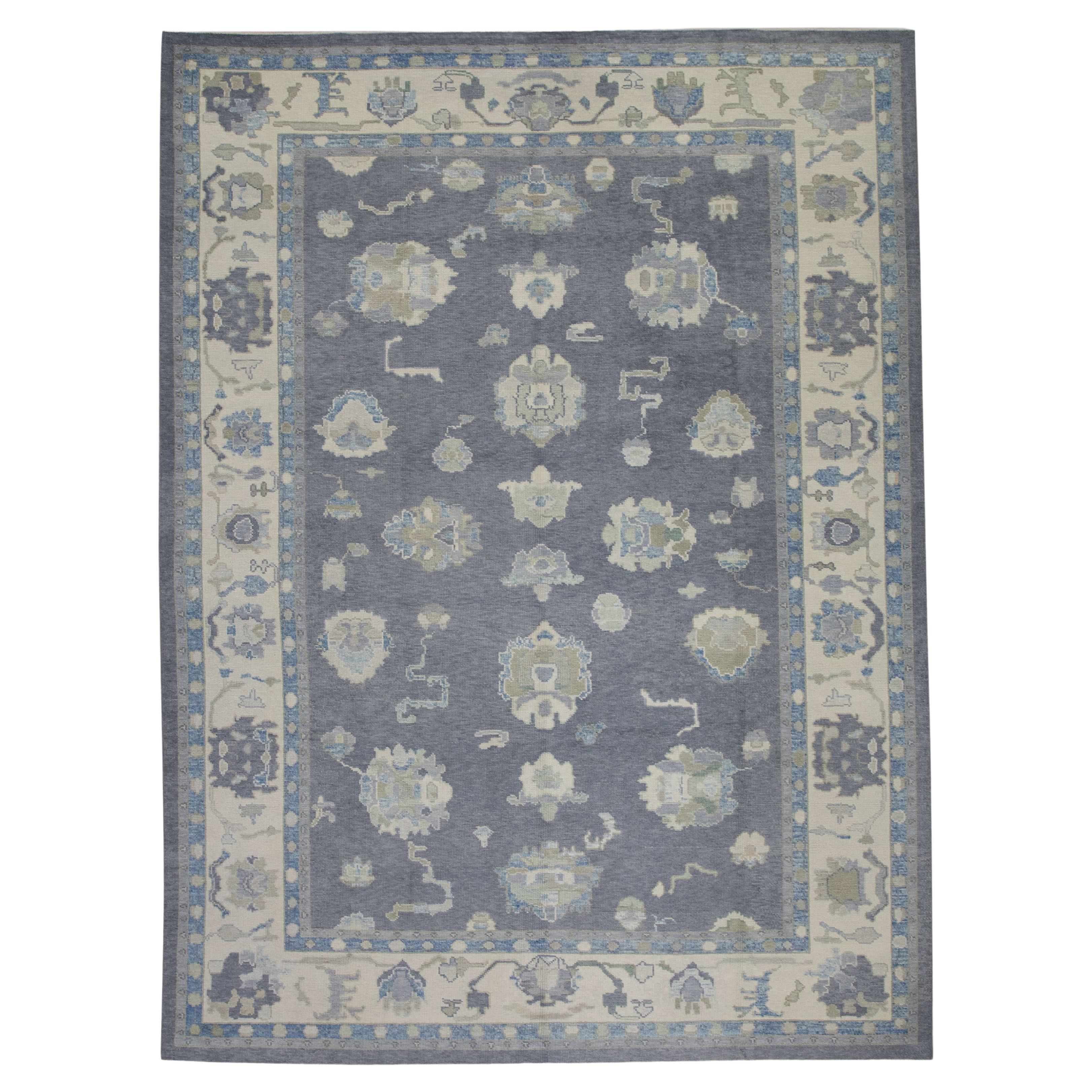 Gray & Blue Floral Design Handwoven Wool Turkish Oushak Rug 9' X 11'10"