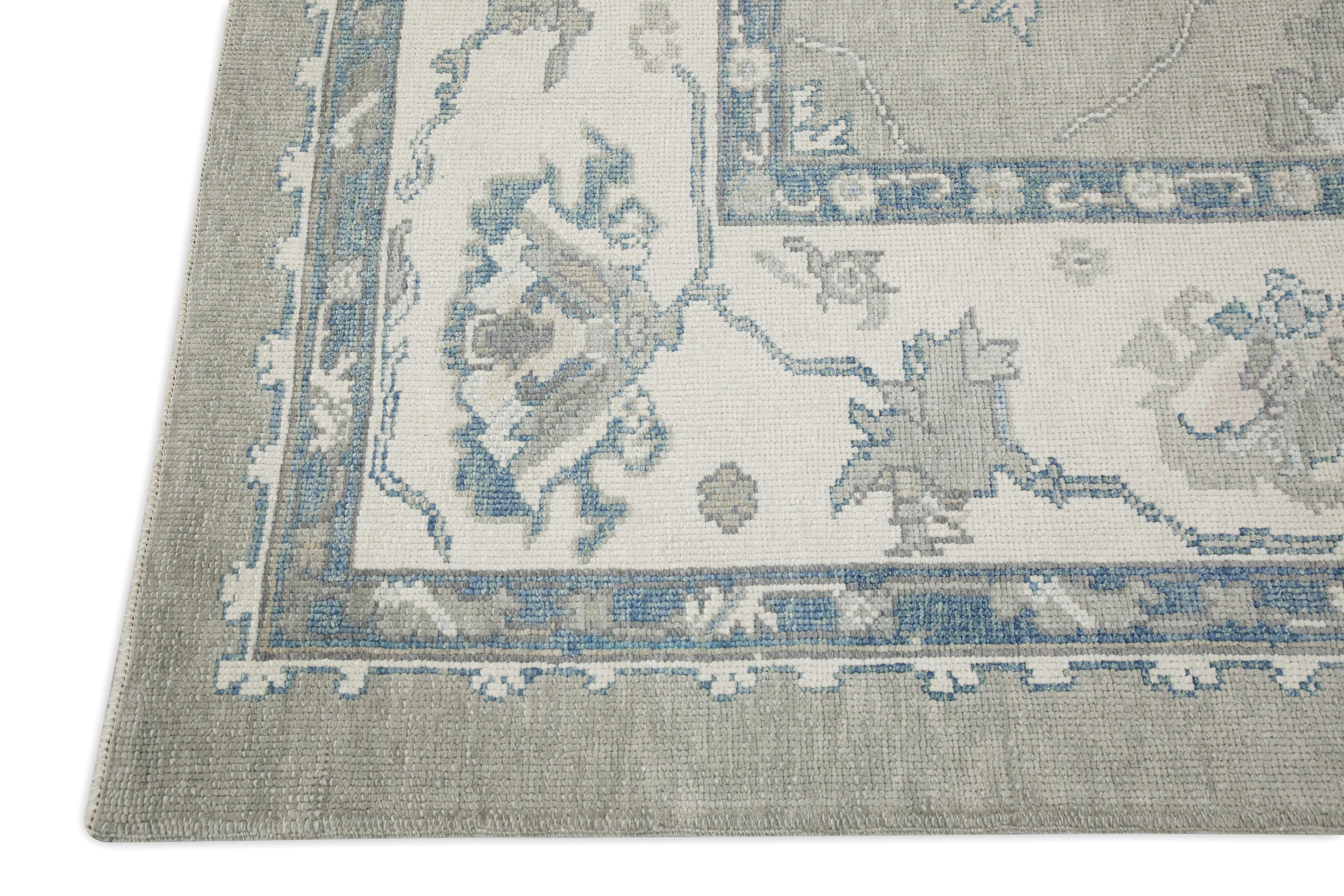 Turco Tappeto Oushak turco in lana intrecciata a mano con design floreale grigio e blu 9'1