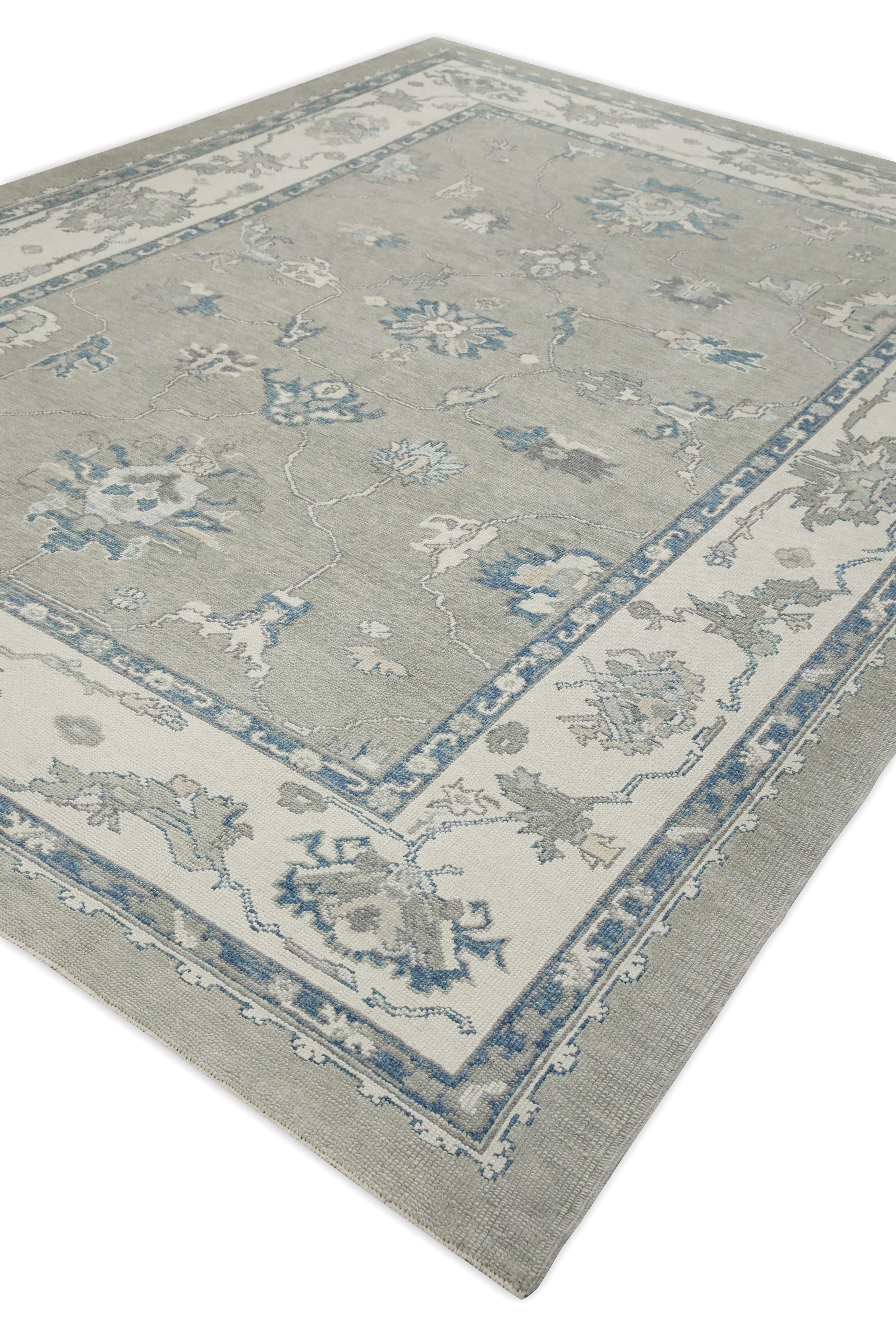 Tappeto Oushak turco in lana intrecciata a mano con design floreale grigio e blu 9'1