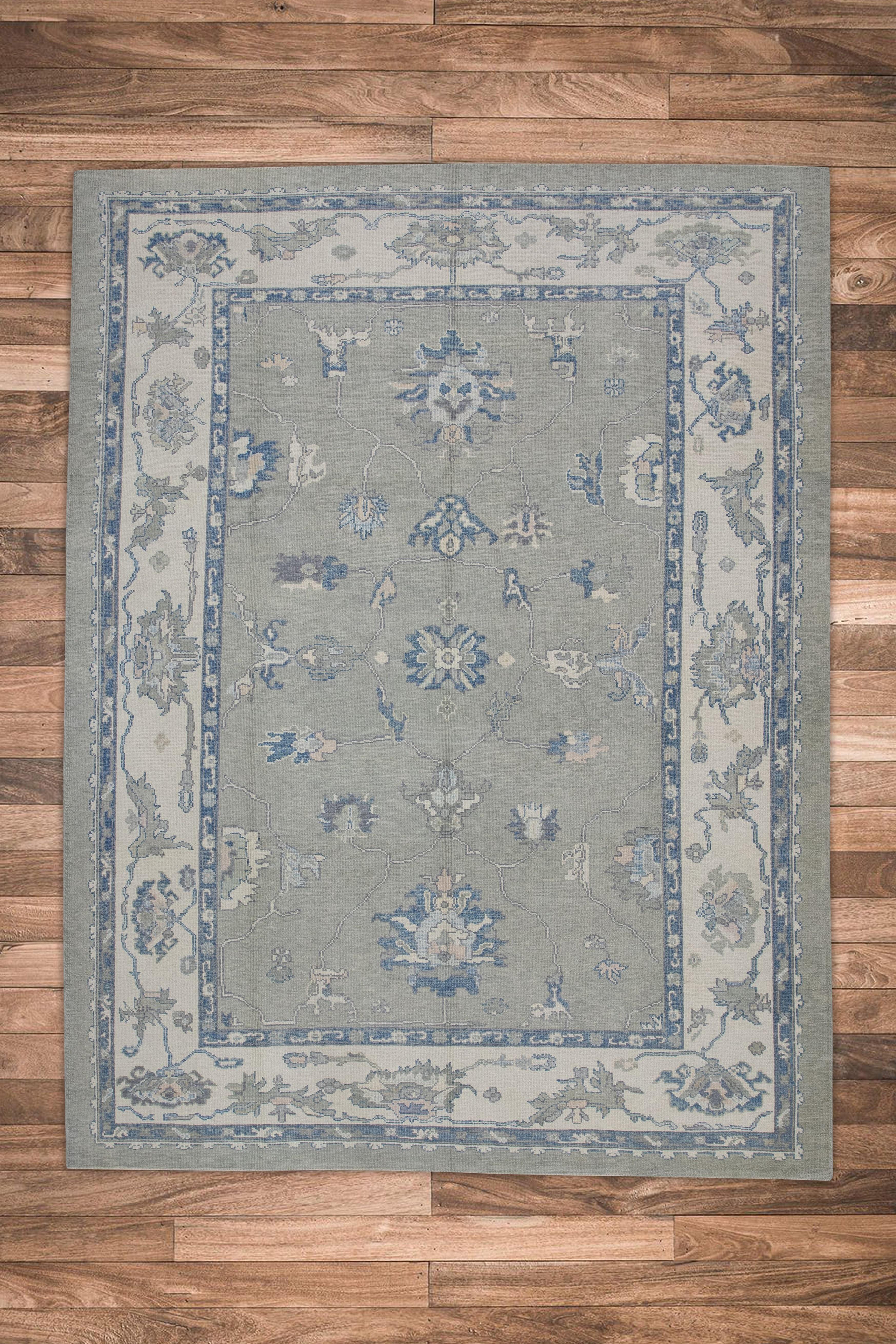Lana Tappeto Oushak turco in lana intrecciata a mano con design floreale grigio e blu 9'1