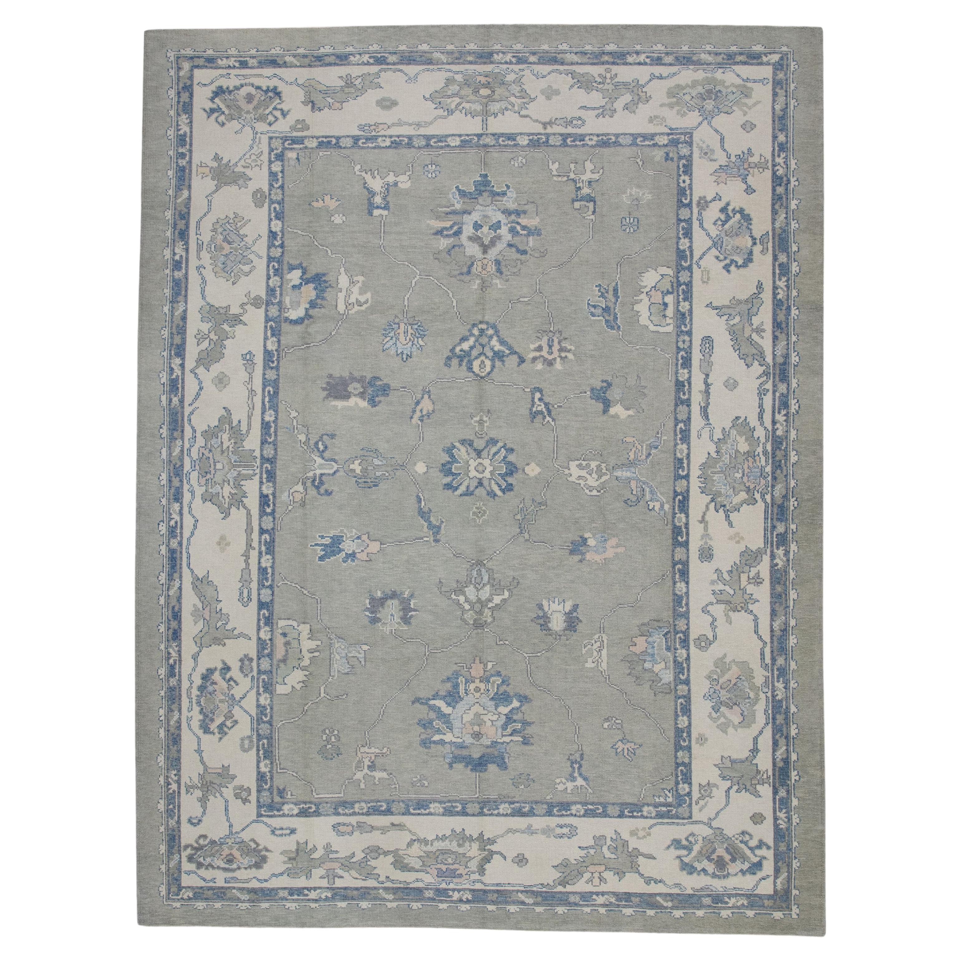 Gray & Blue Floral Design Handwoven Wool Turkish Oushak Rug 9'1" X 12'