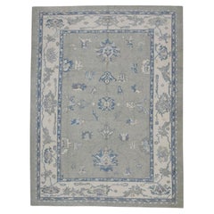 Gray & Blue Floral Design Handwoven Wool Turkish Oushak Rug 9'1" X 12'