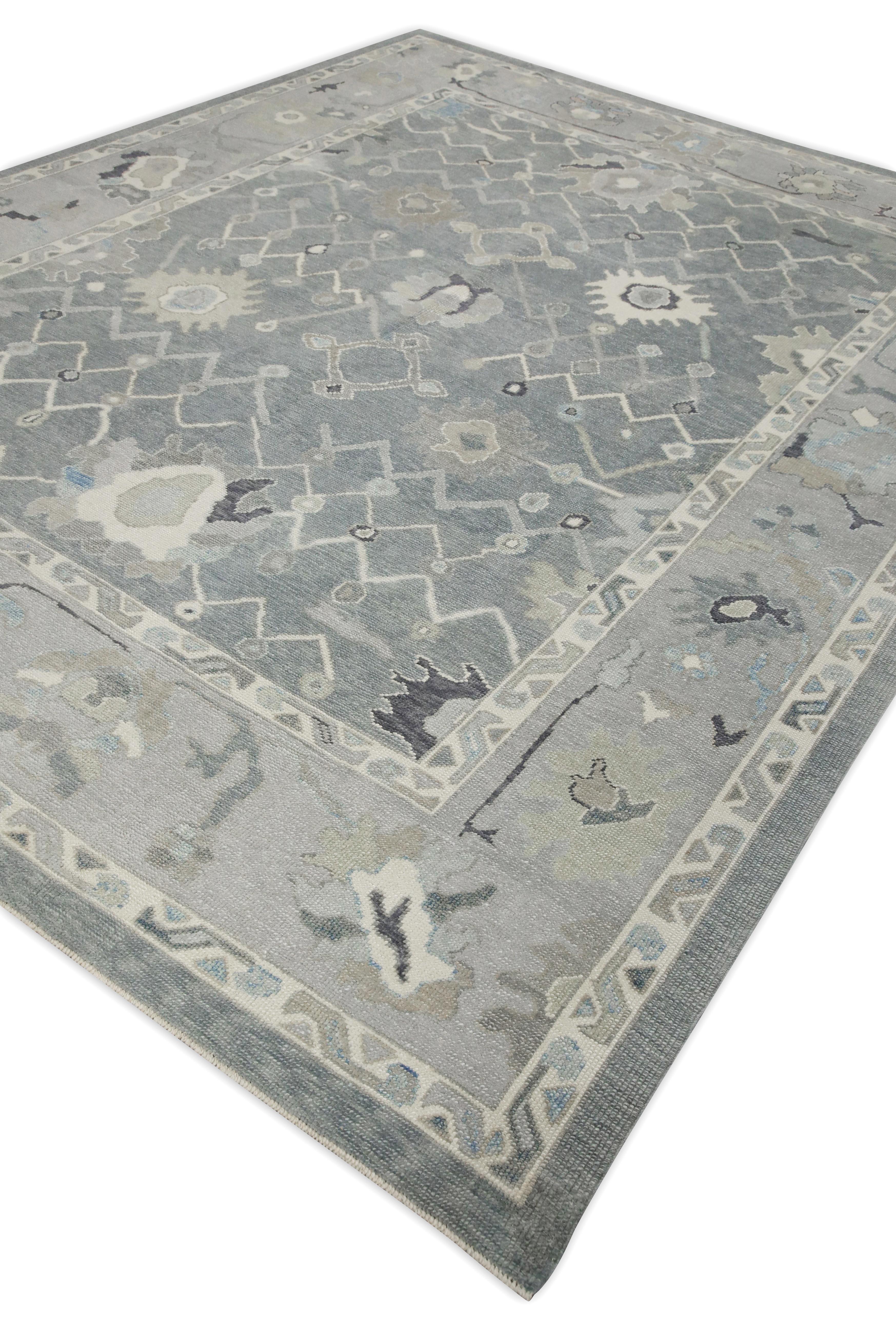 Contemporary Gray & Blue Floral Design Handwoven Wool Turkish Oushak Rug 9'2