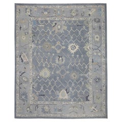 Tapis turc Oushak en laine à motifs floraux gris et bleus tissé à la main 9'2" X 11'9".