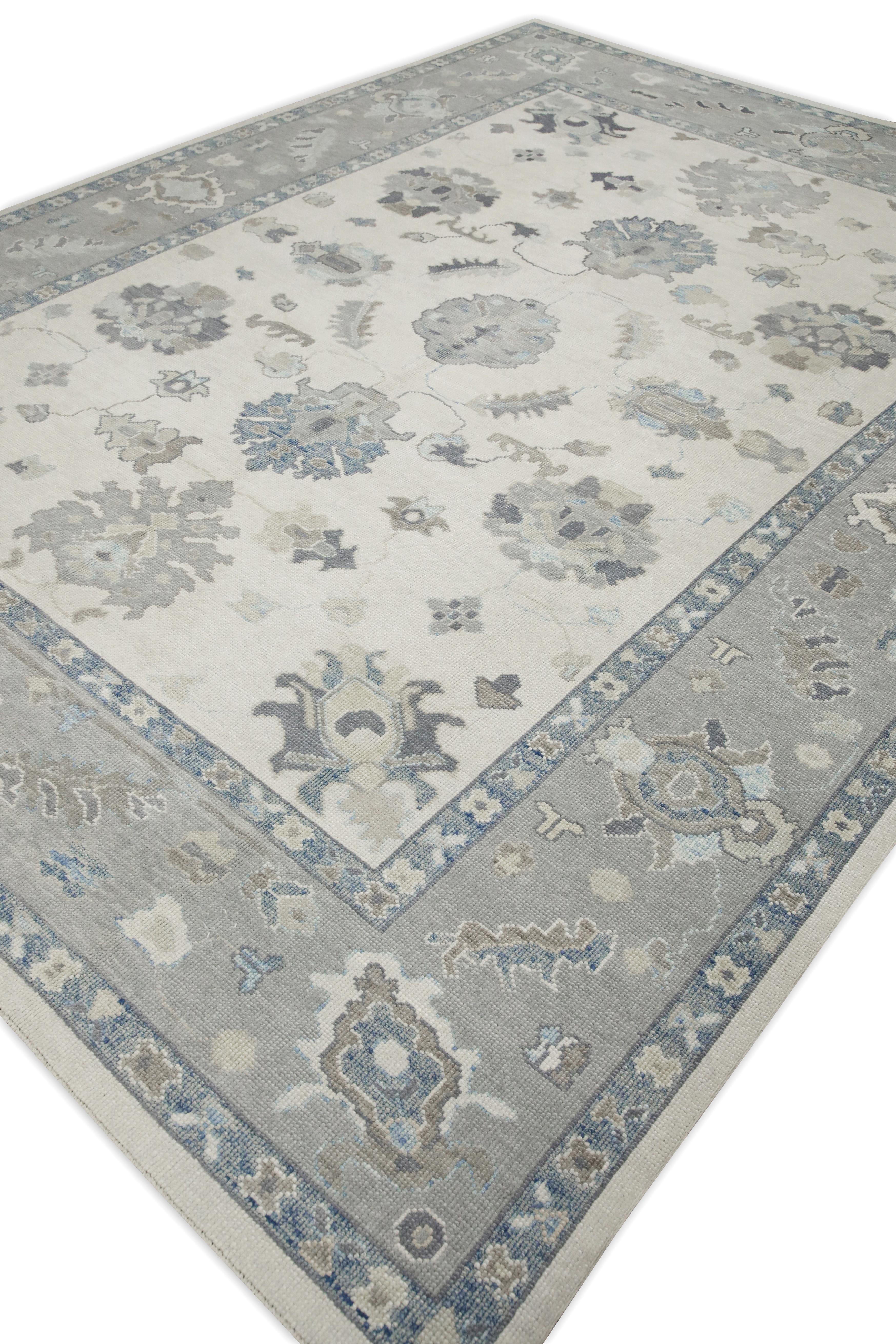 Contemporary Gray & Blue Floral Design Handwoven Wool Turkish Oushak Rug 9'2