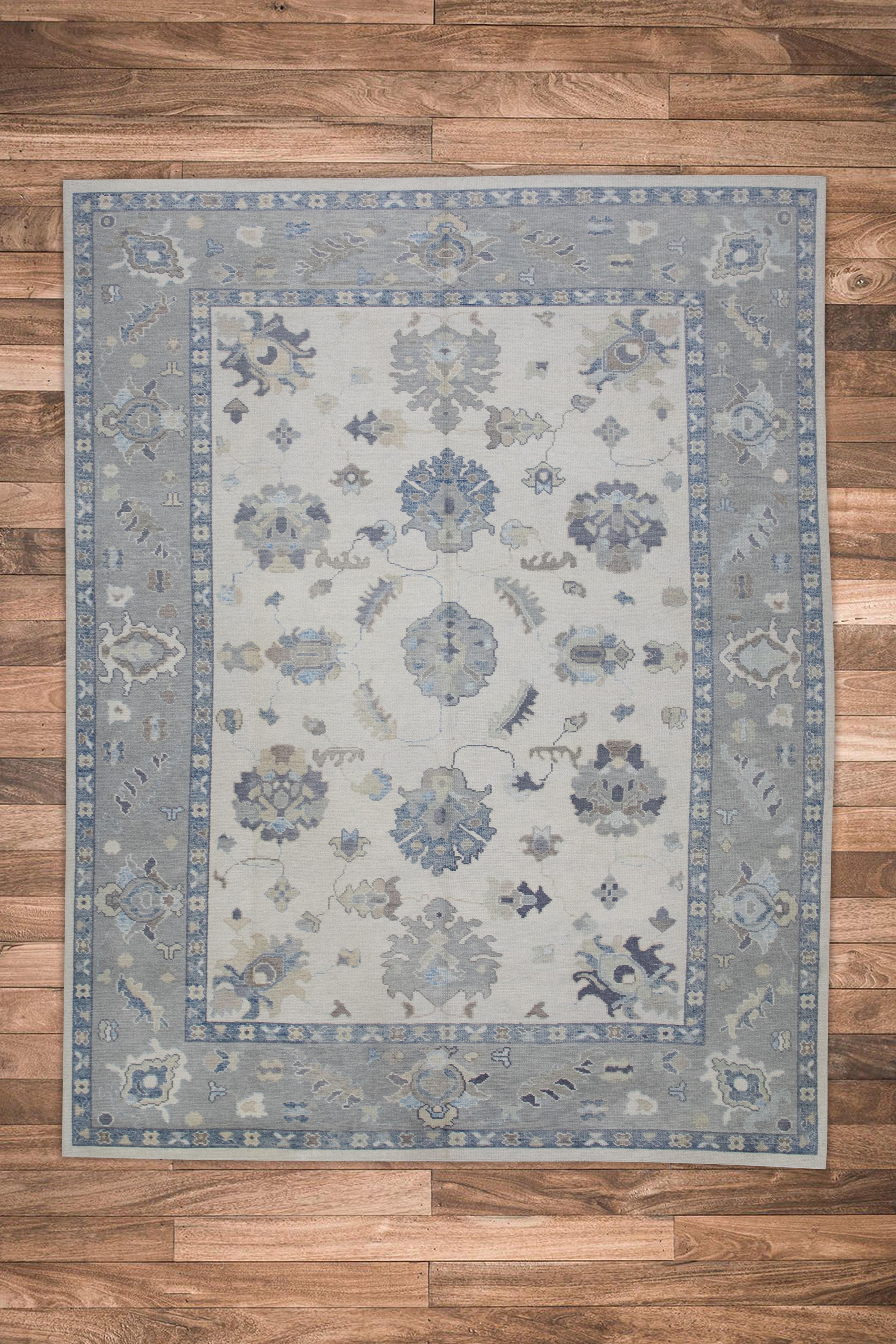 Gray & Blue Floral Design Handwoven Wool Turkish Oushak Rug 9'2
