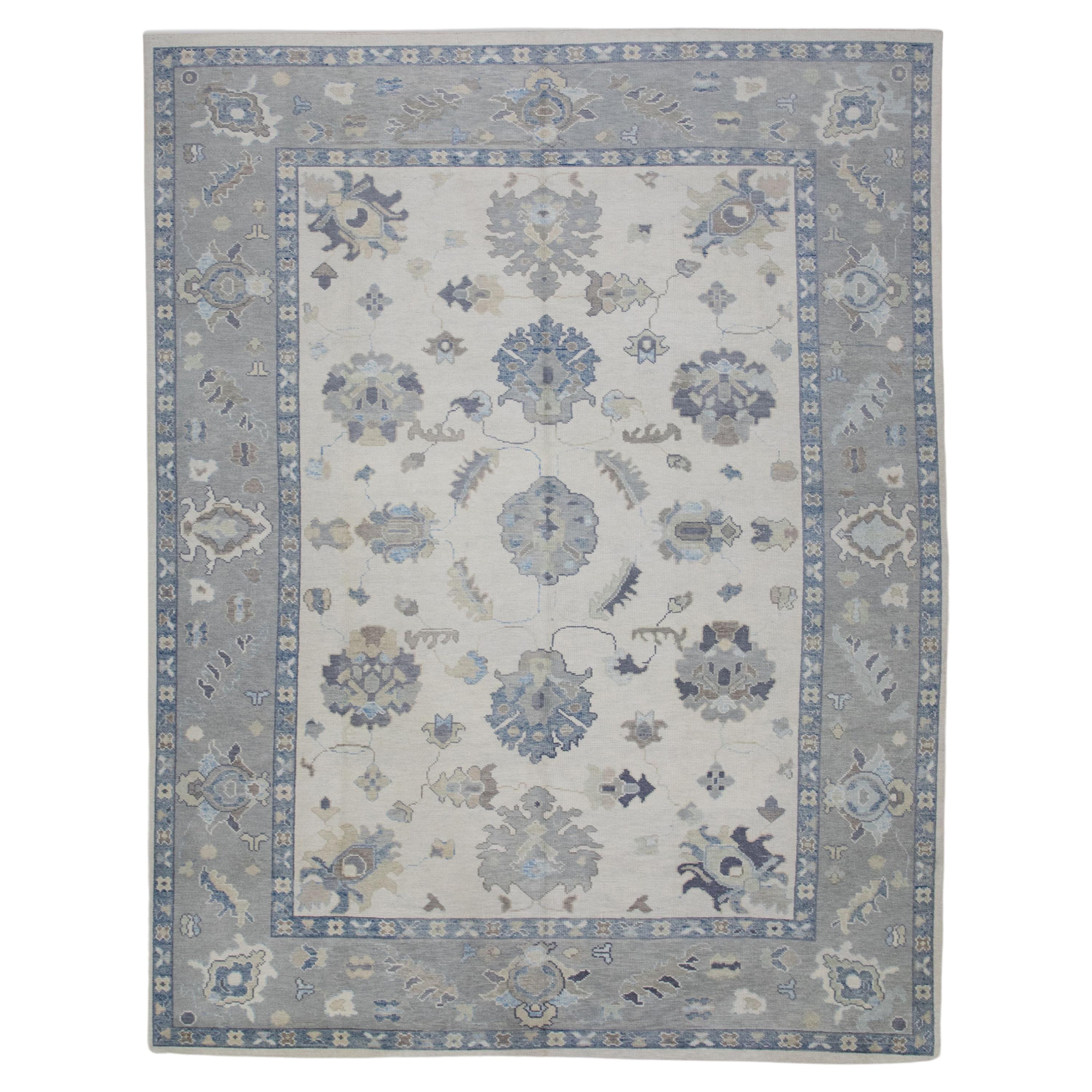 Handgewebter türkischer Oushak-Teppich aus Wolle in Grau & Blau mit Blumenmuster 9'2" X 12'2"