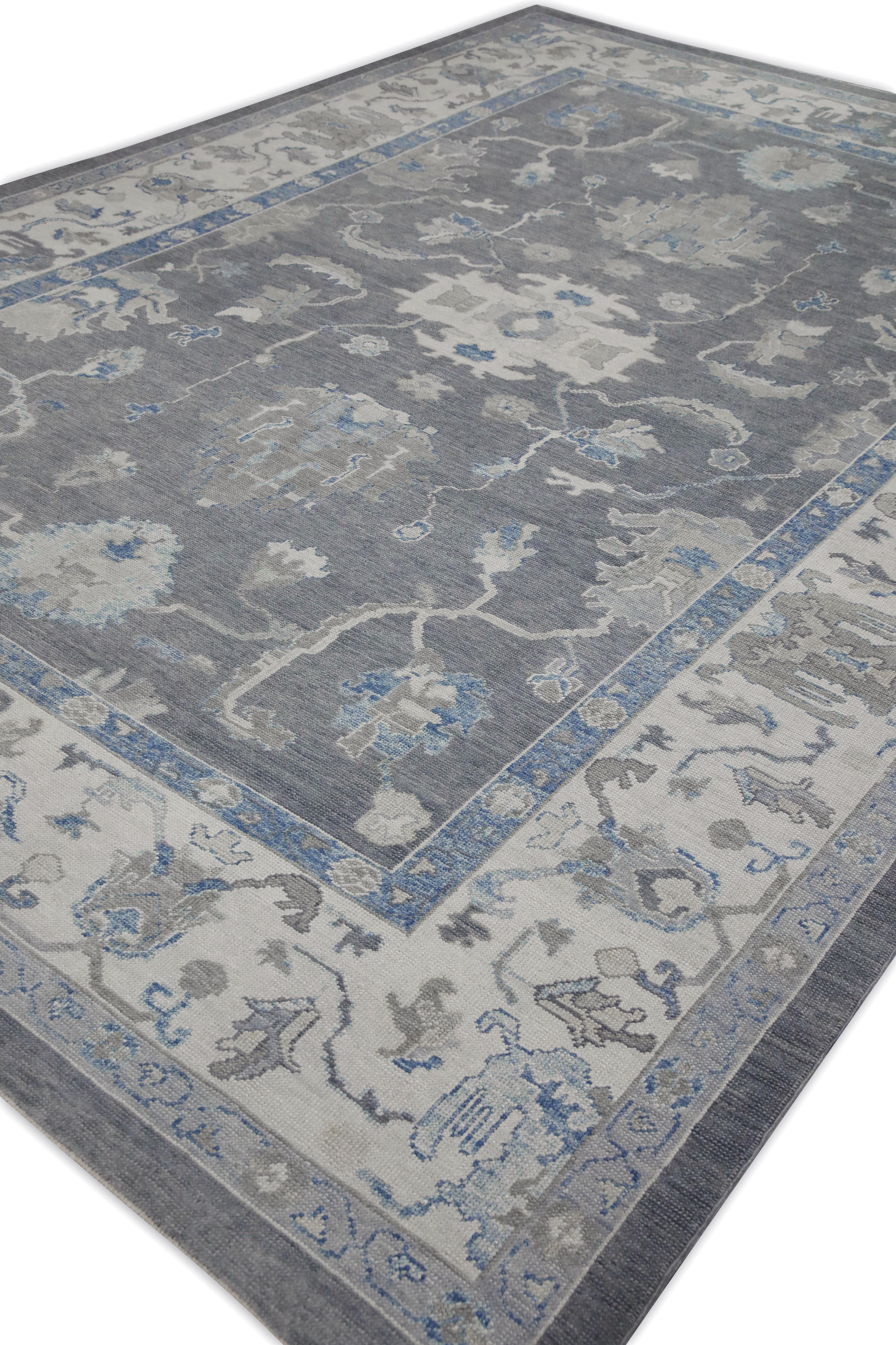 Handgewebter türkischer Oushak-Teppich aus Wolle in Grau & Blau mit Blumenmuster 9'9