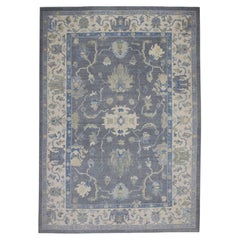 Gray & Blue Floral Design Handwoven Wool Turkish Oushak Rug 9'9" X 13'11"