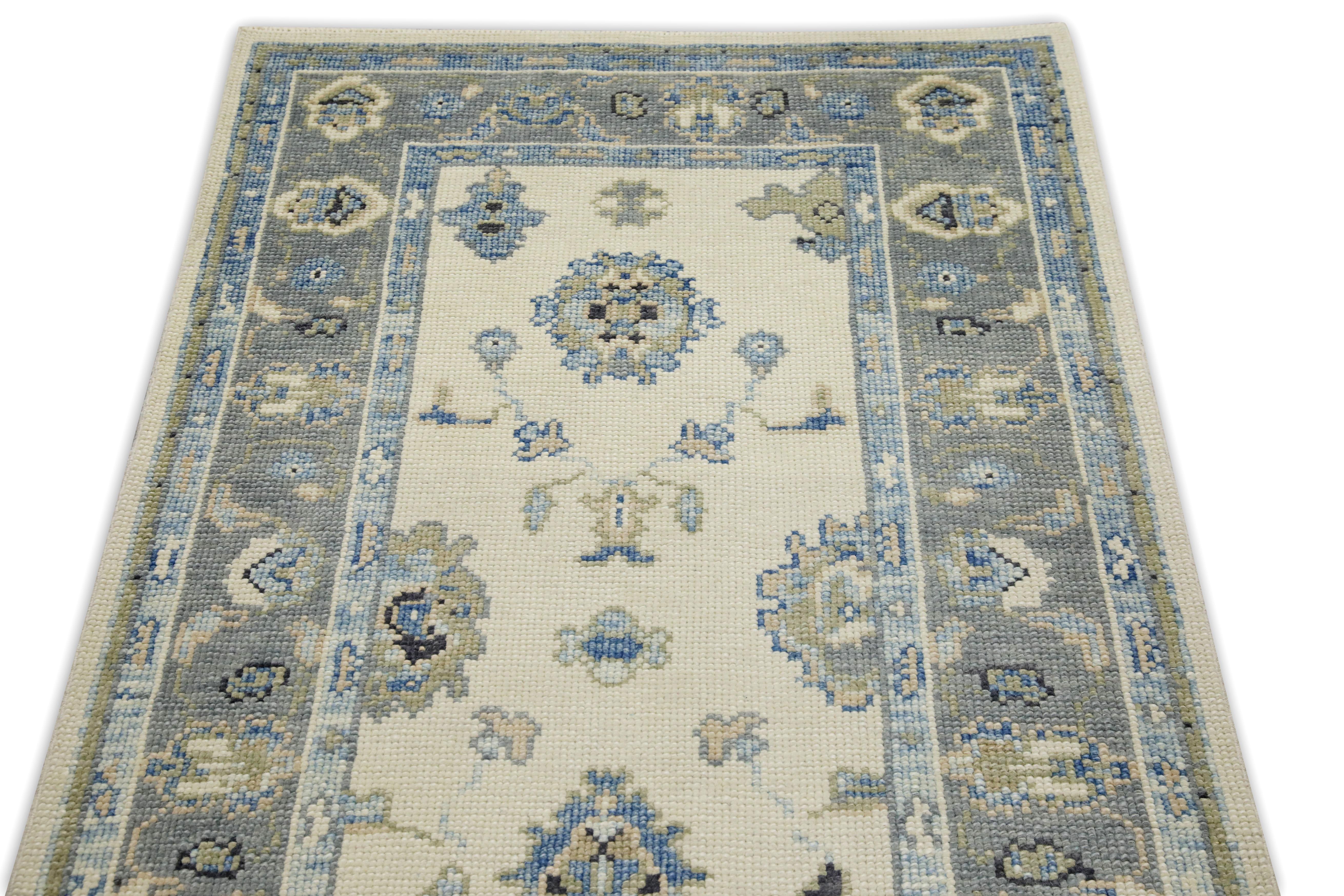 Gray & Blue Floral Design Handwoven Wool Turkish Oushak Runner 2'11